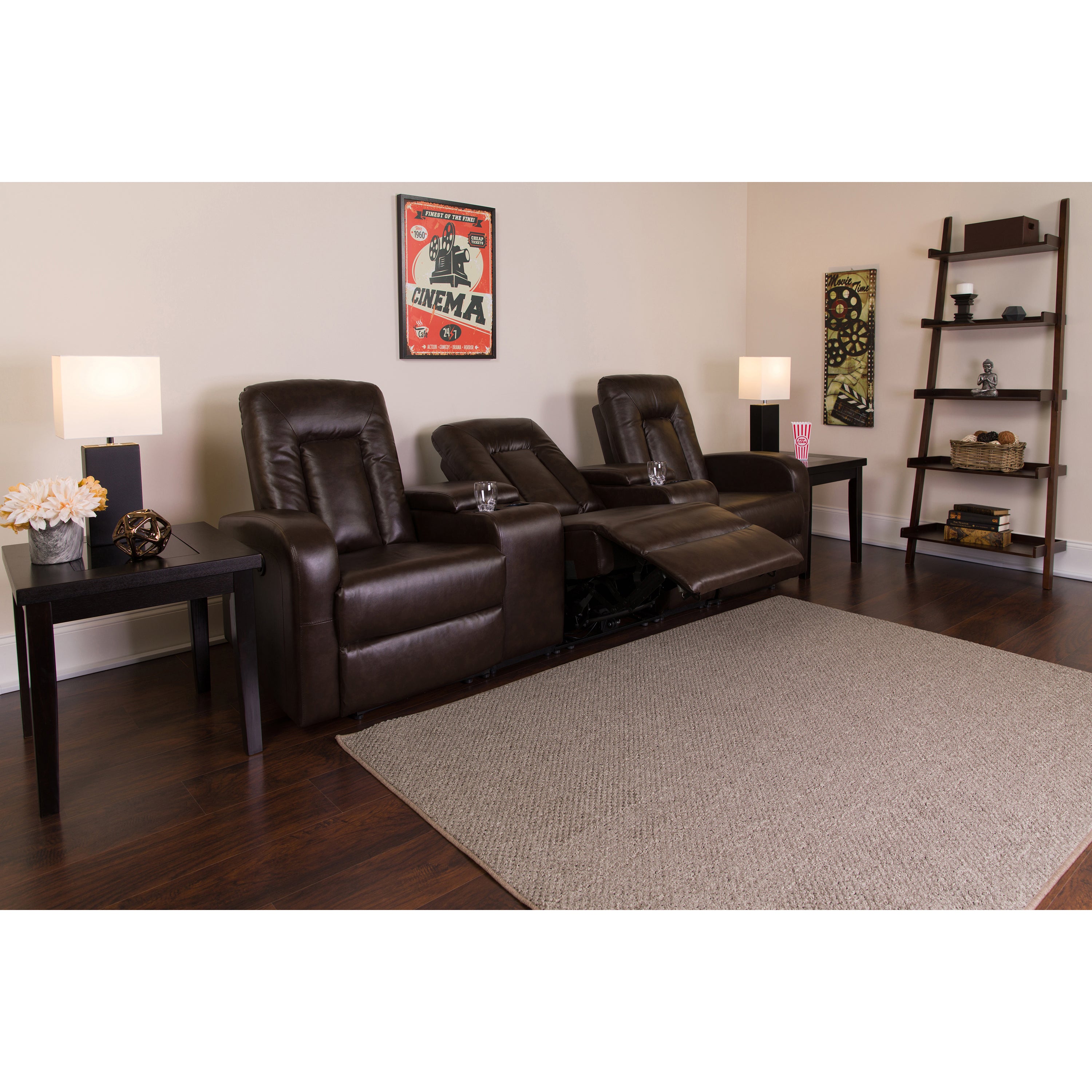 Eclipse Series 3-Seat Push Back Reclining Black LeatherSoft Theater Seating Unit with Cup Holders-Theater Seating-Flash Furniture-Wall2Wall Furnishings