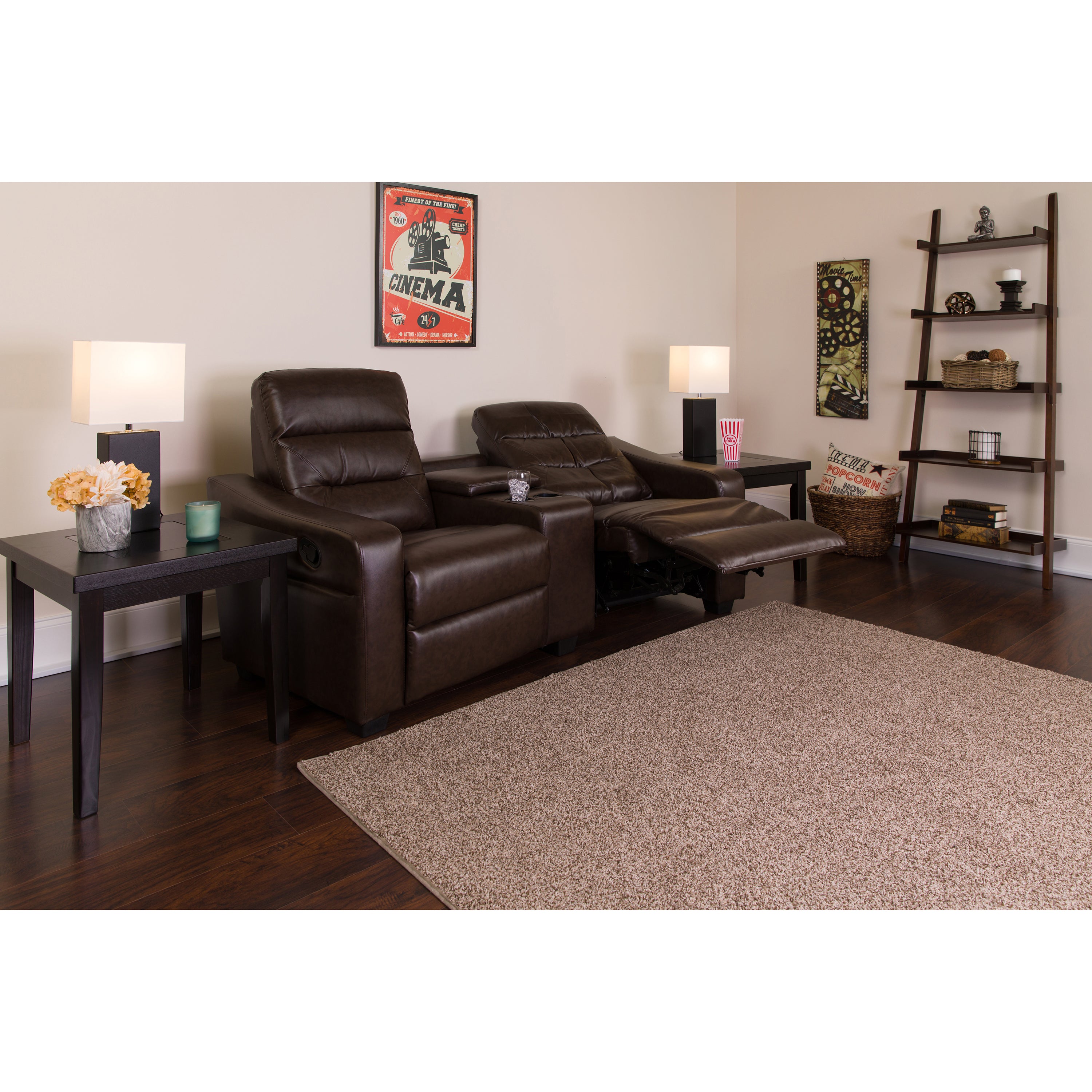 Futura Series 2-Seat Reclining Black LeatherSoft Tufted Bustle Back Theater Seating Unit with Cup Holders-Theater Seating-Flash Furniture-Wall2Wall Furnishings