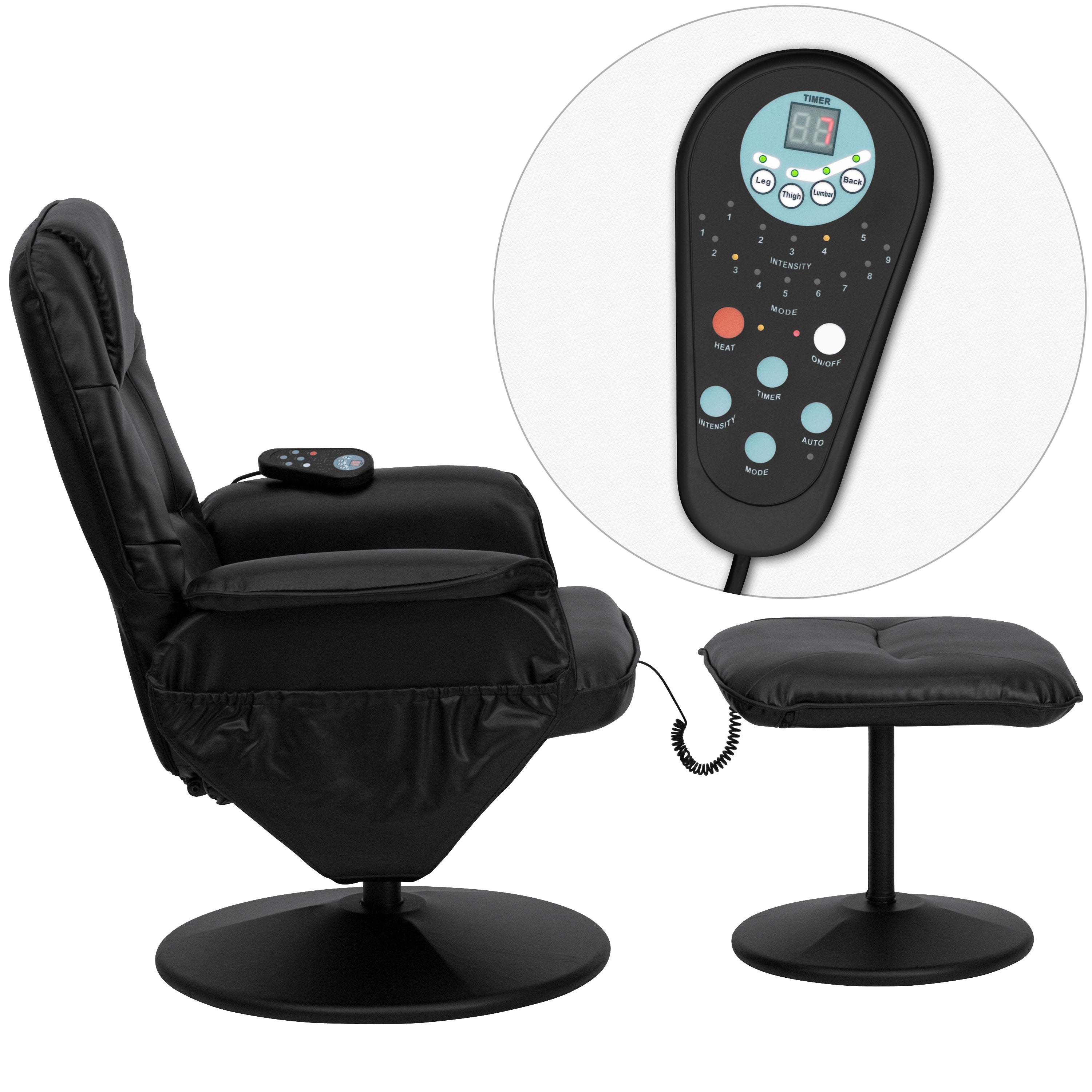 Massaging Multi-Position Recliner with Deep Side Pockets and Ottoman with Wrapped Base