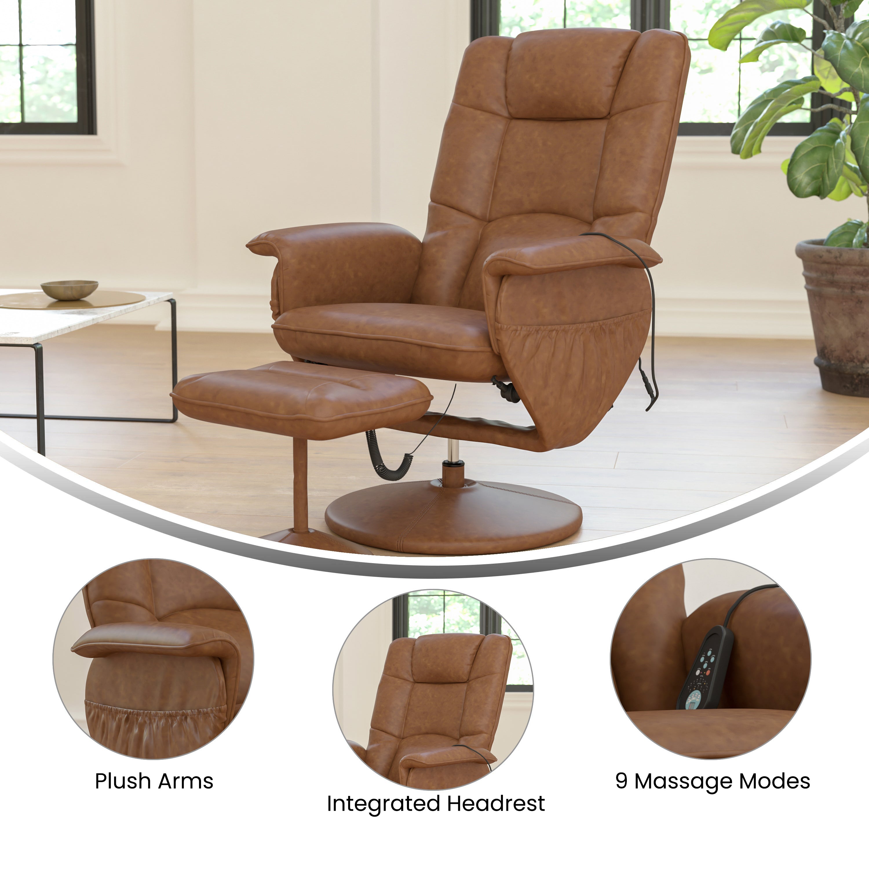 Massaging Multi-Position Recliner with Deep Side Pockets and Ottoman with Wrapped Base