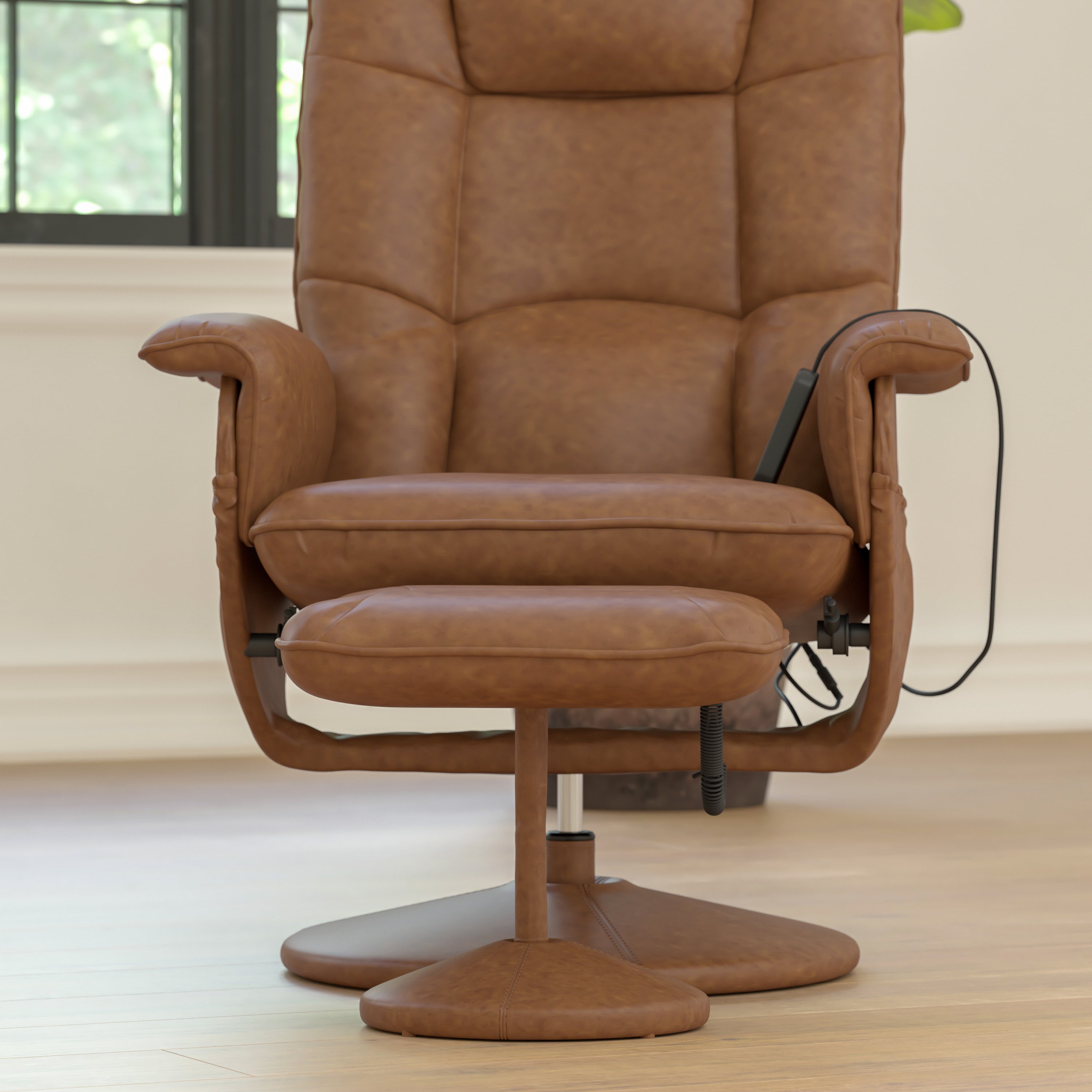 Massaging Multi-Position Recliner with Deep Side Pockets and Ottoman with Wrapped Base