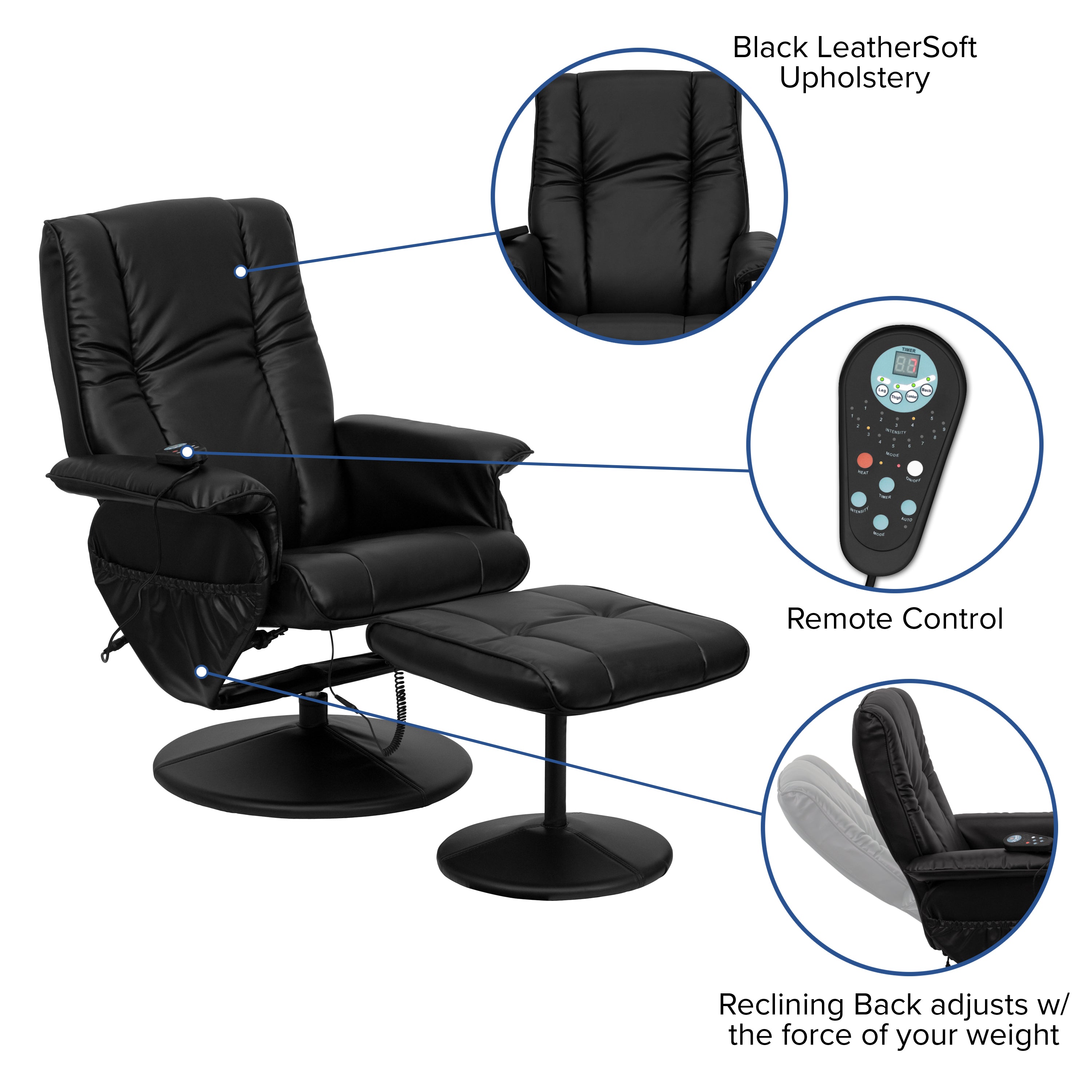 Massaging Multi-Position Recliner and Ottoman with Wrapped Base
