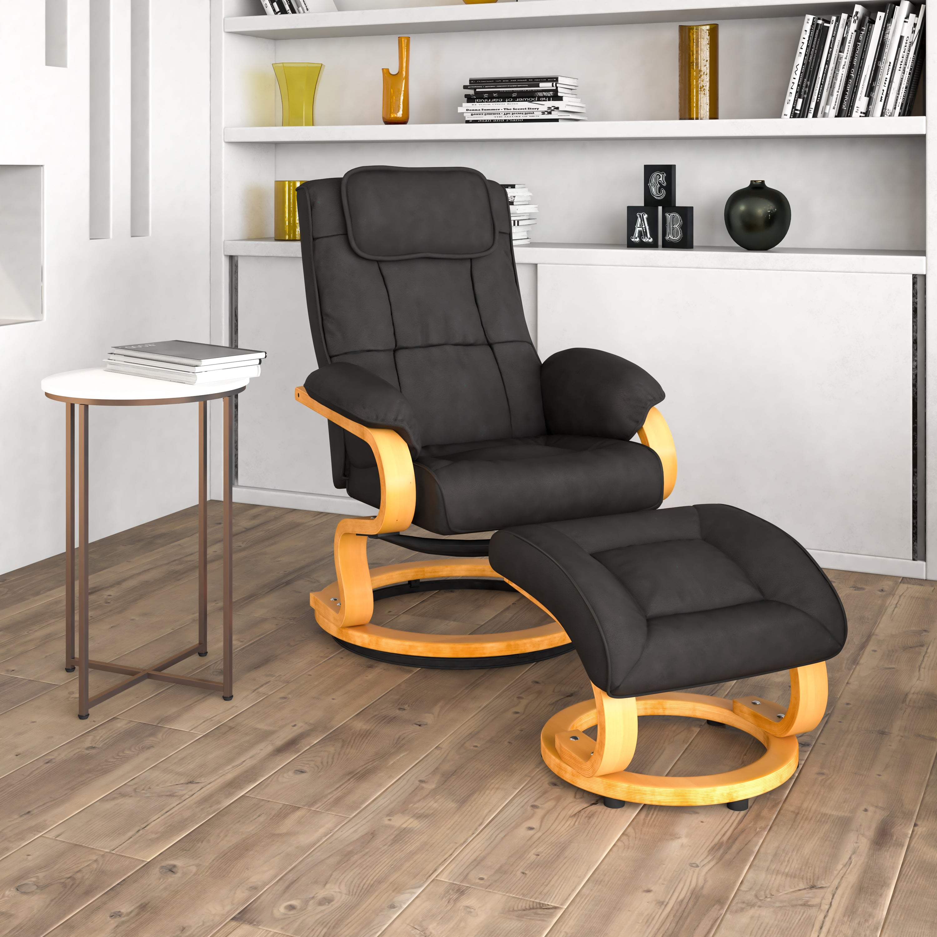 Contemporary Multi-Position Recliner and Ottoman with Swivel Maple Wood Base-Office Recliner-Flash Furniture-Wall2Wall Furnishings