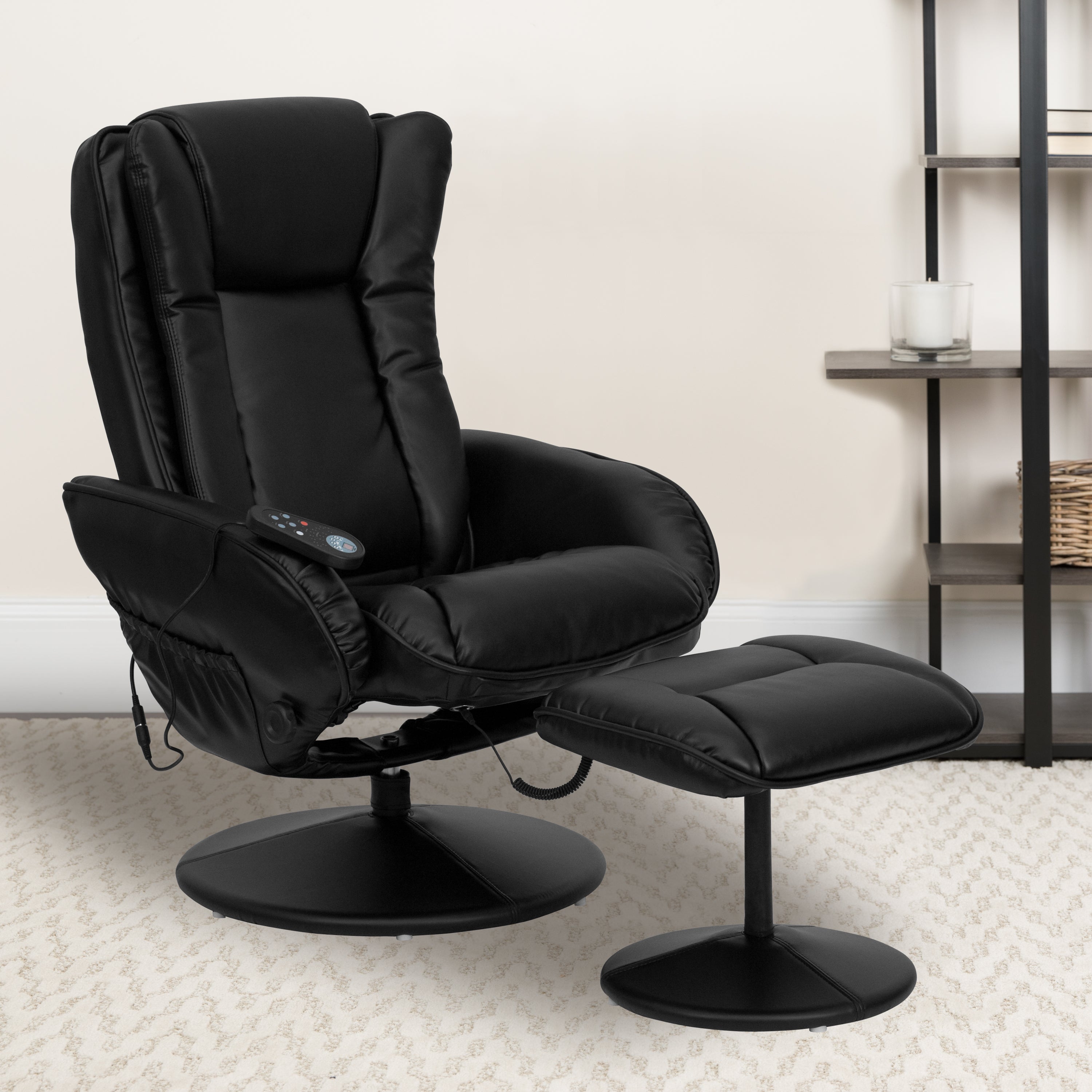 Massaging Multi-Position Plush Recliner with Side Pocket and Ottoman