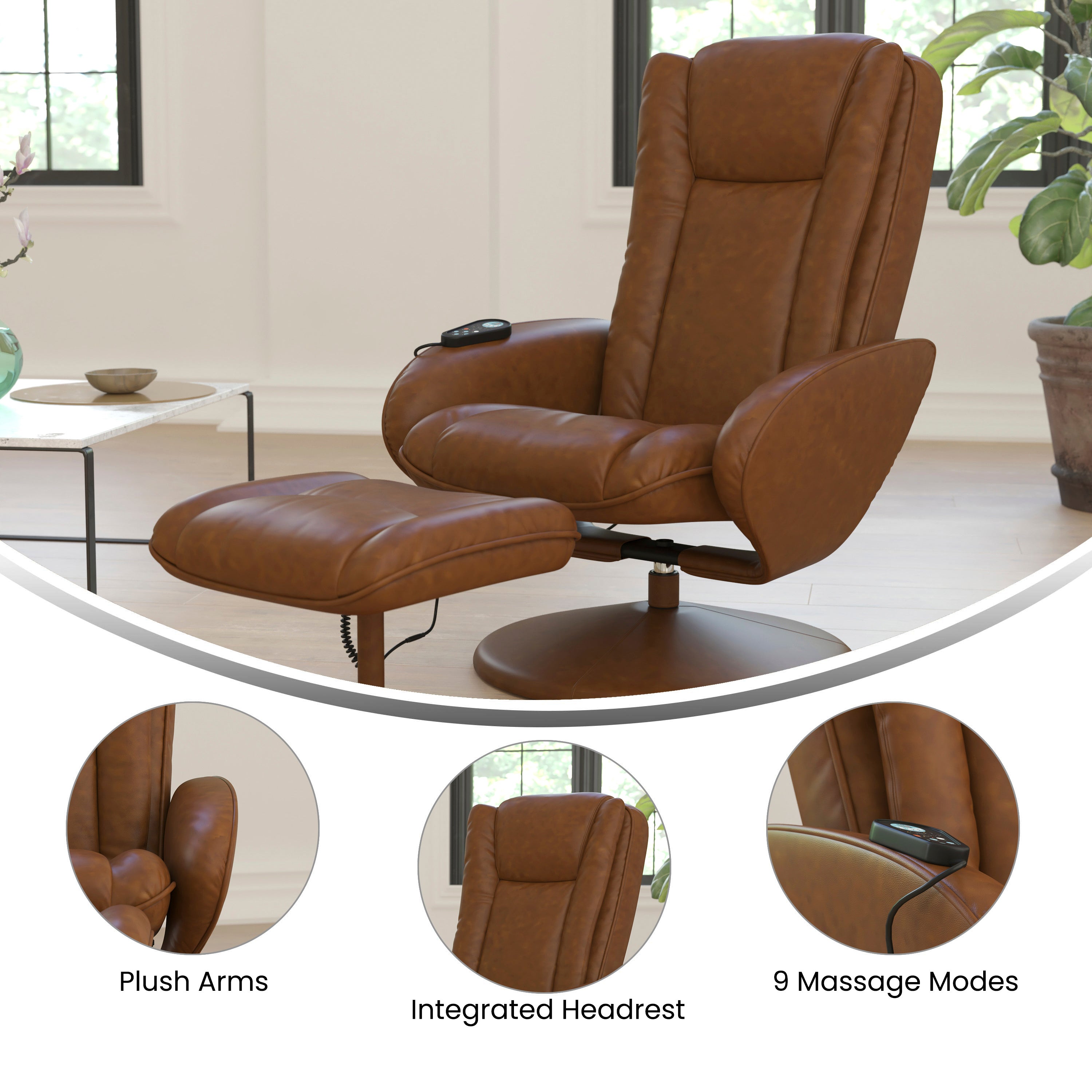 Massaging Multi-Position Plush Recliner with Side Pocket and Ottoman
