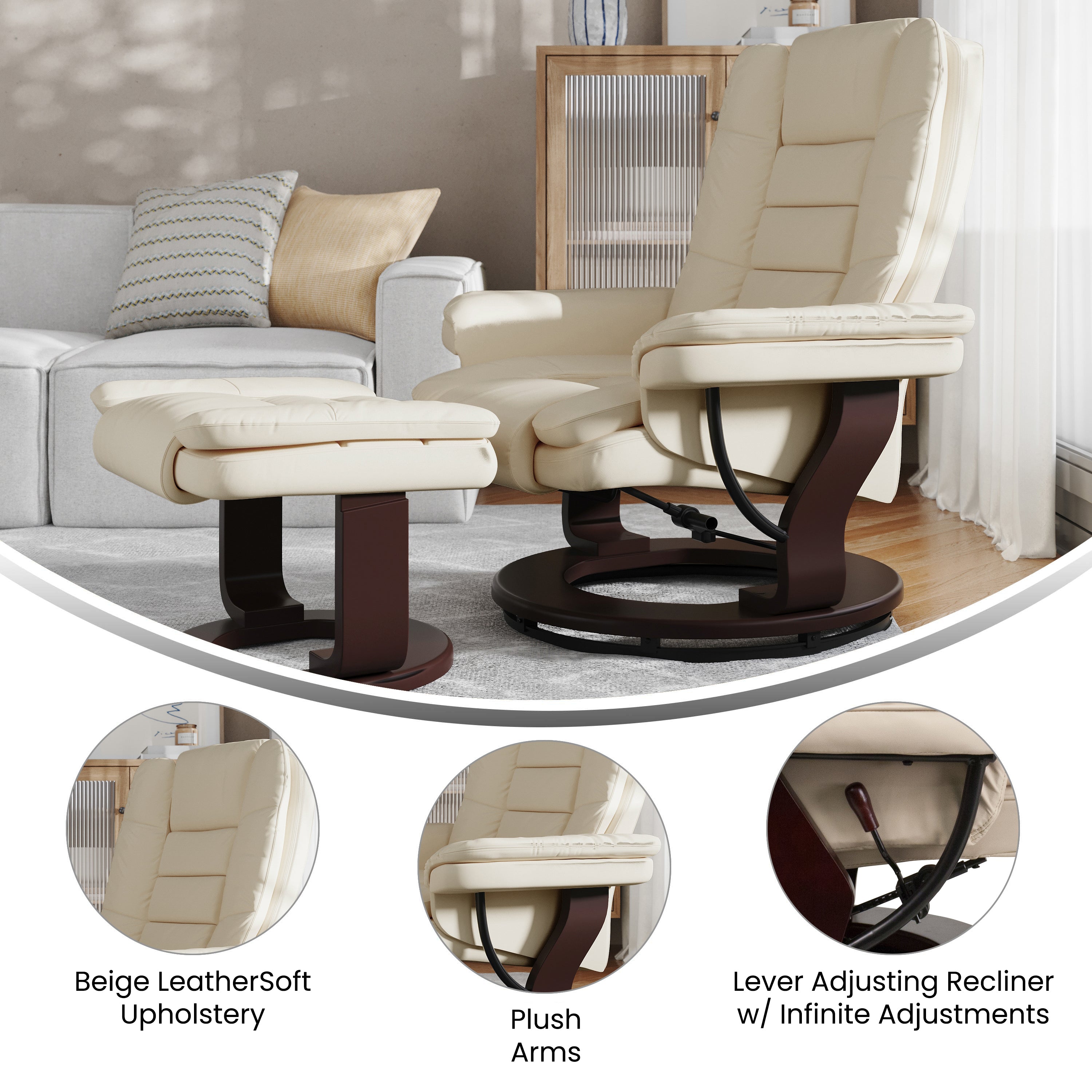 Contemporary LeatherSoft Recliner with Horizontal Stitching and Ottoman with Swiveling Mahogany Wood Base