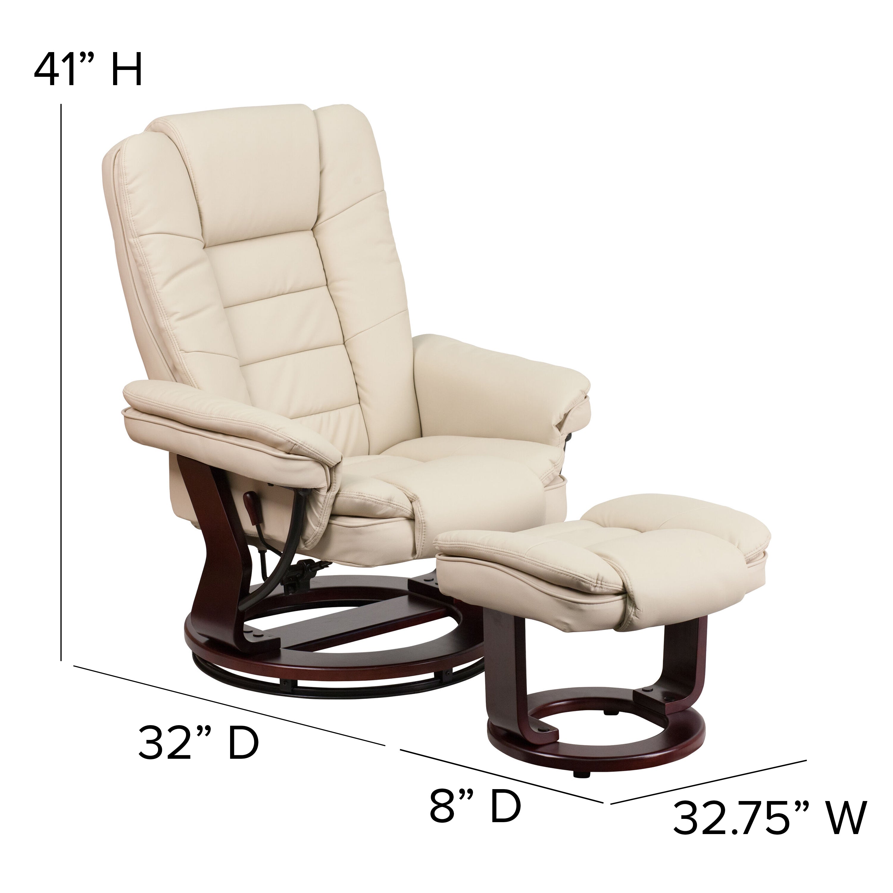 Contemporary LeatherSoft Recliner with Horizontal Stitching and Ottoman with Swiveling Mahogany Wood Base