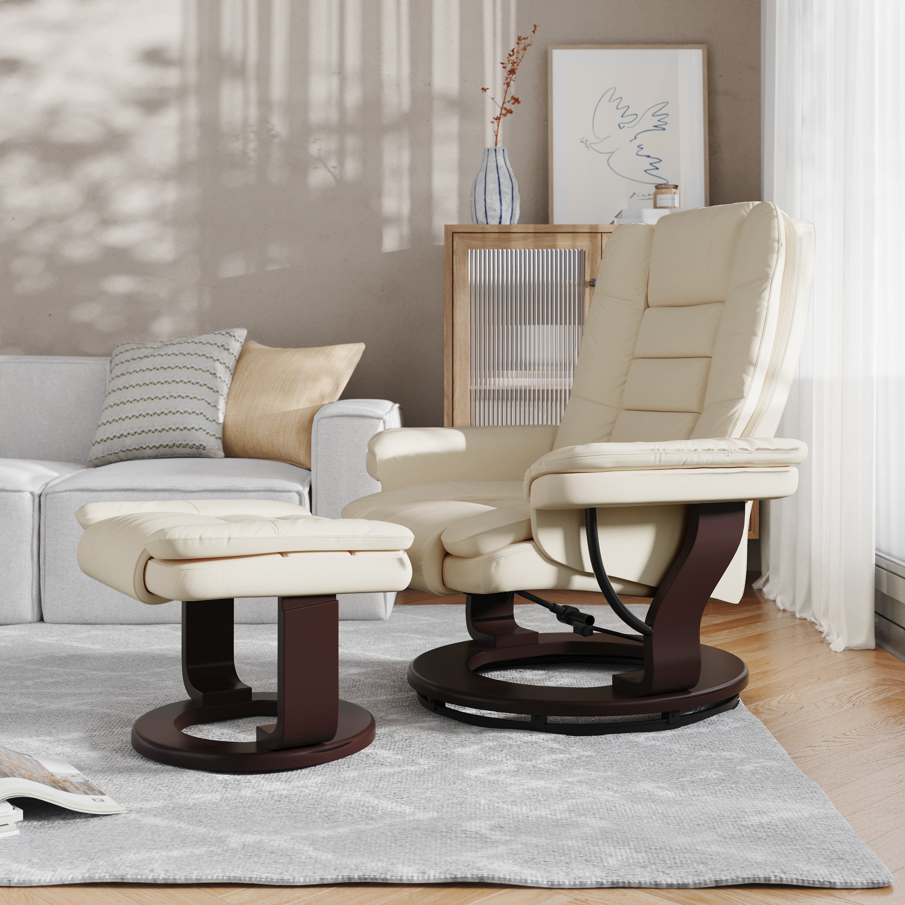 Contemporary LeatherSoft Recliner with Horizontal Stitching and Ottoman with Swiveling Mahogany Wood Base