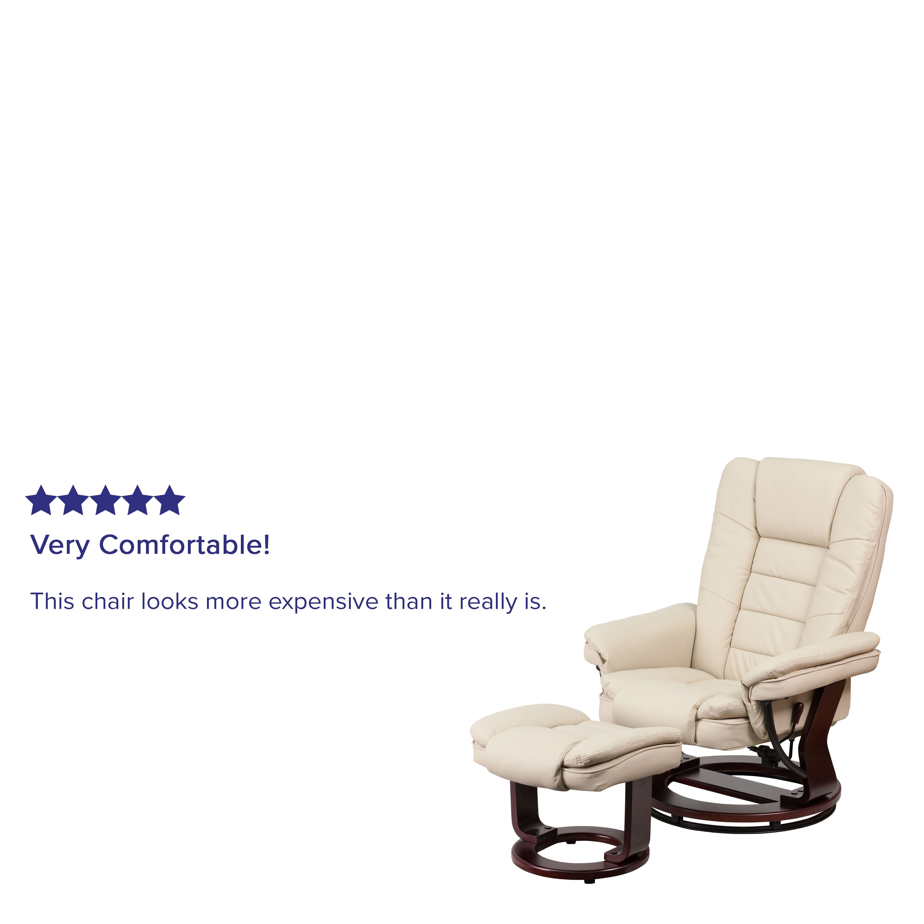 Contemporary LeatherSoft Recliner with Horizontal Stitching and Ottoman with Swiveling Mahogany Wood Base