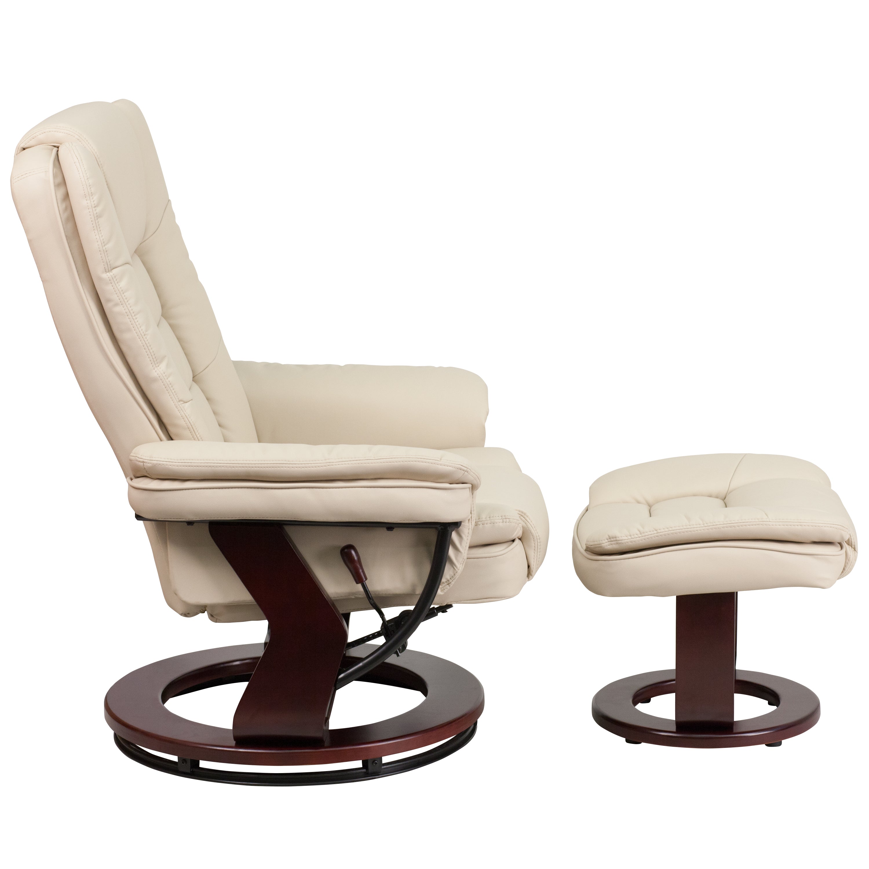 Contemporary LeatherSoft Recliner with Horizontal Stitching and Ottoman with Swiveling Mahogany Wood Base
