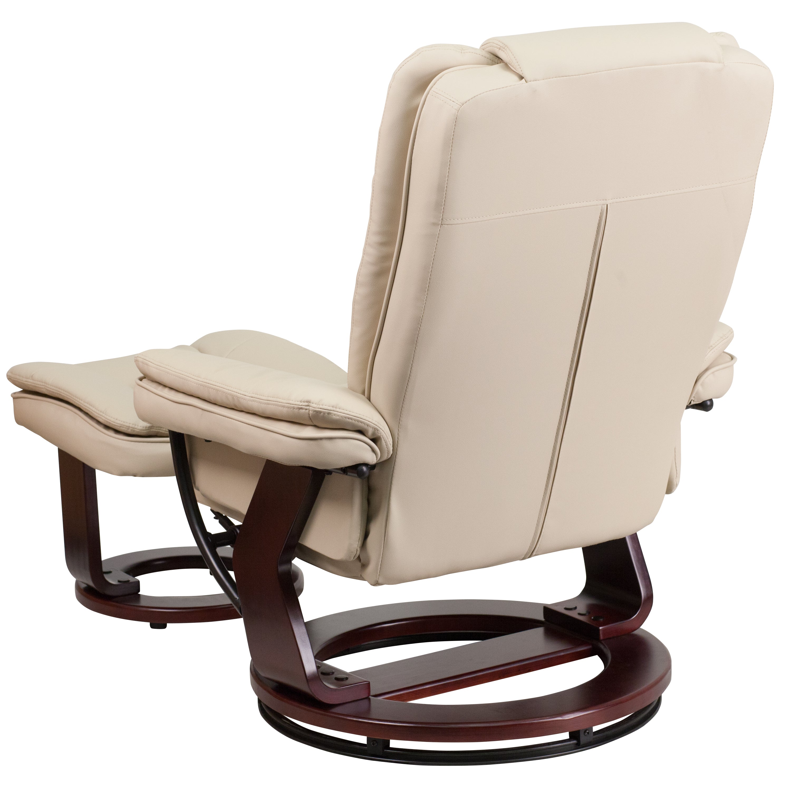 Contemporary LeatherSoft Recliner with Horizontal Stitching and Ottoman with Swiveling Mahogany Wood Base