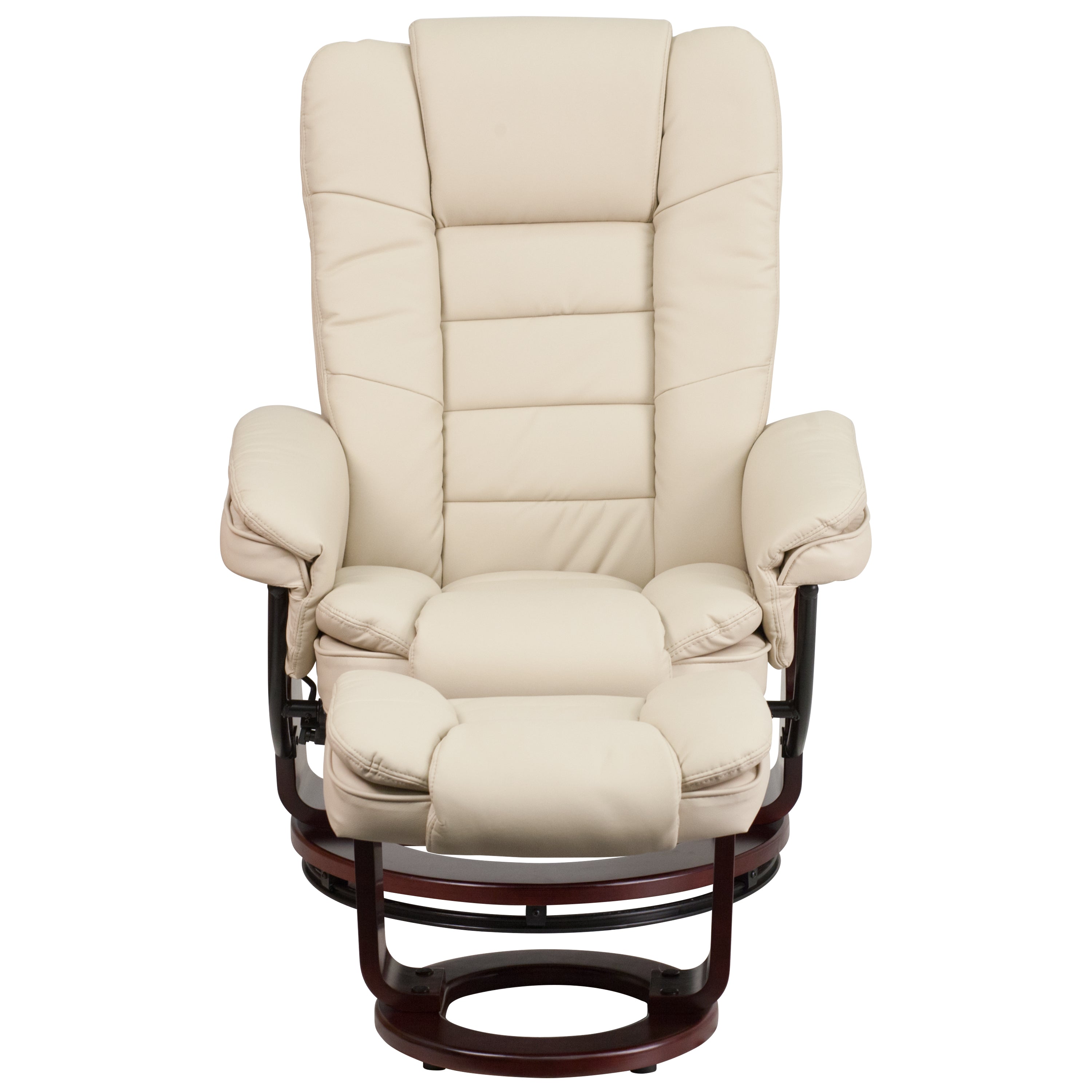 Contemporary LeatherSoft Recliner with Horizontal Stitching and Ottoman with Swiveling Mahogany Wood Base
