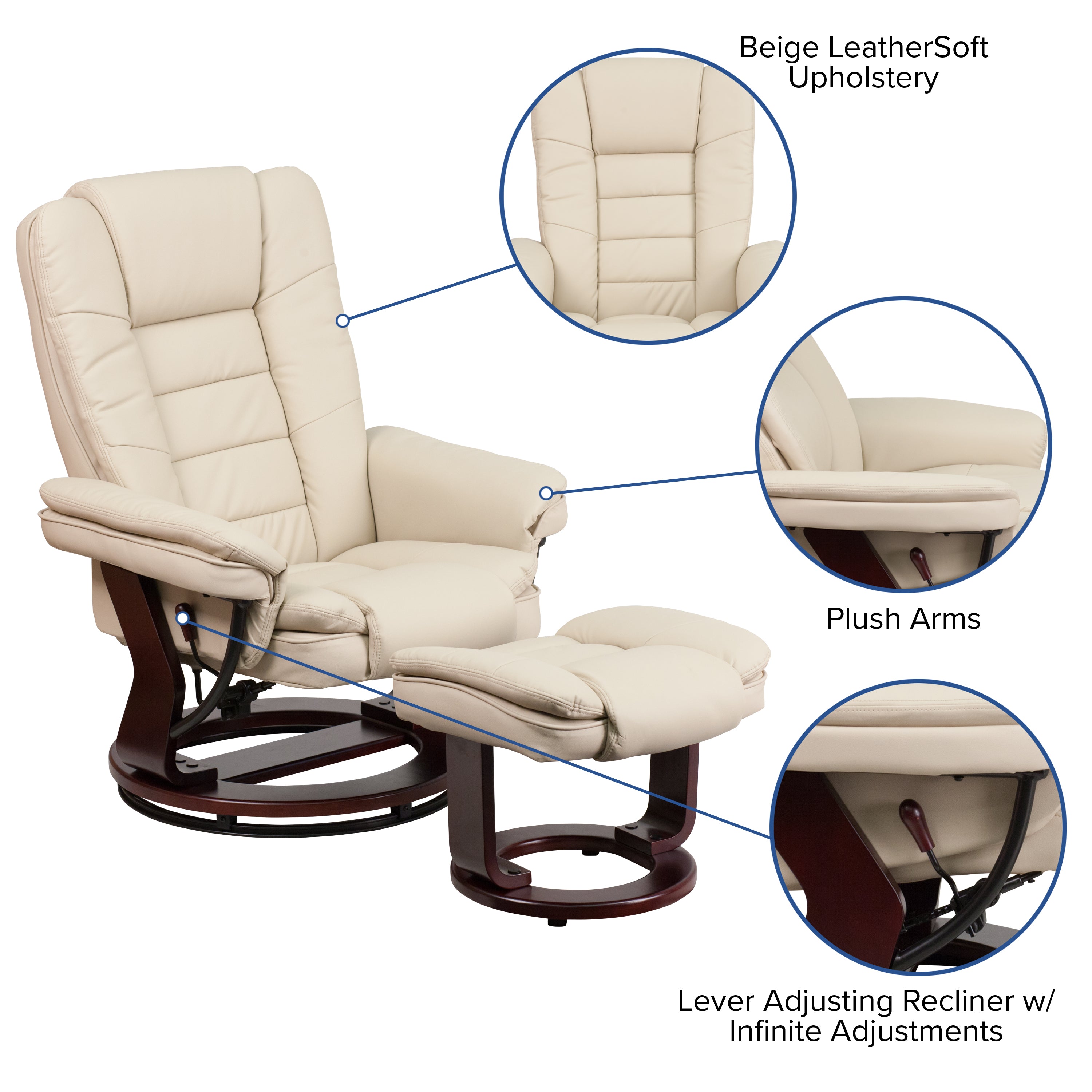 Contemporary LeatherSoft Recliner with Horizontal Stitching and Ottoman with Swiveling Mahogany Wood Base