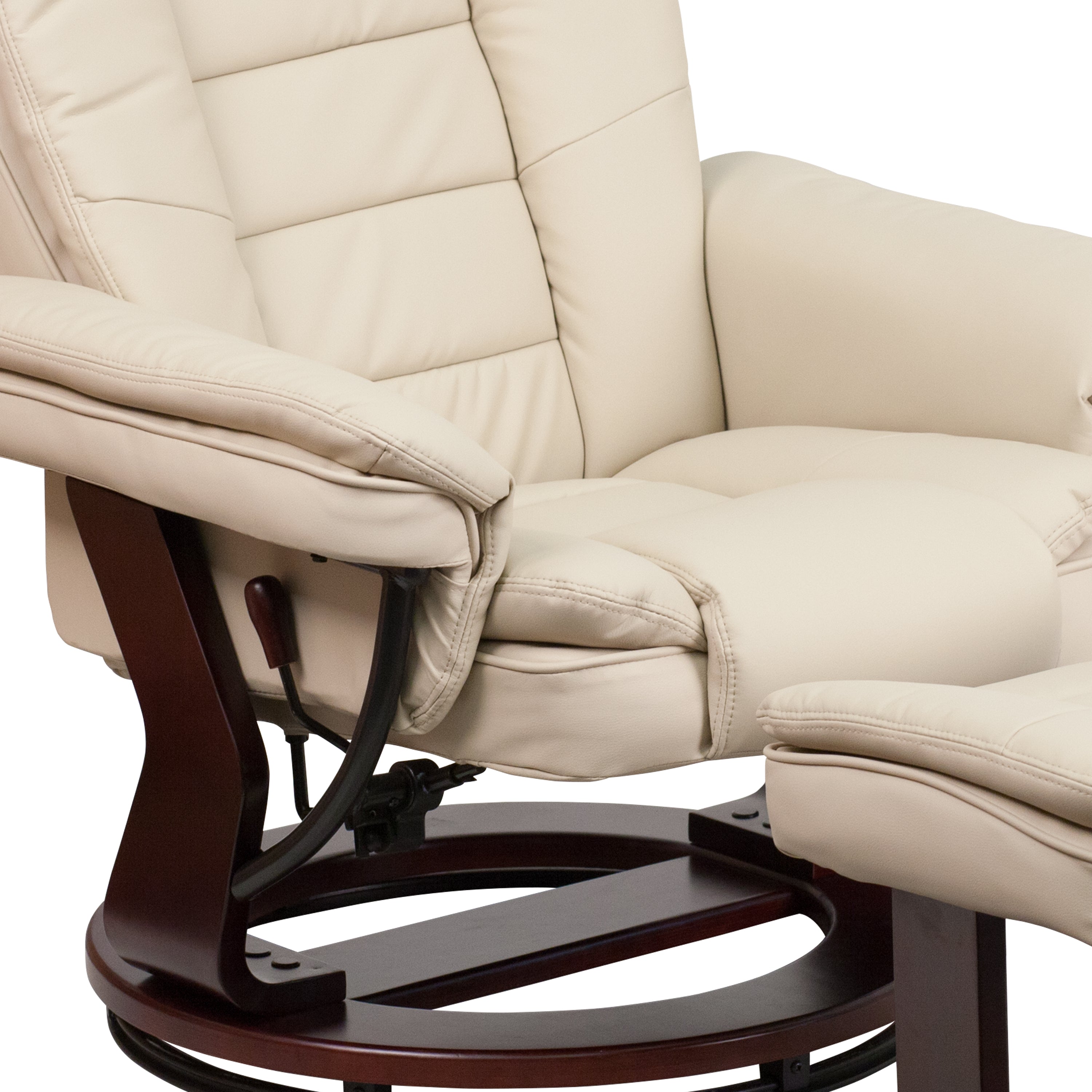 Contemporary LeatherSoft Recliner with Horizontal Stitching and Ottoman with Swiveling Mahogany Wood Base