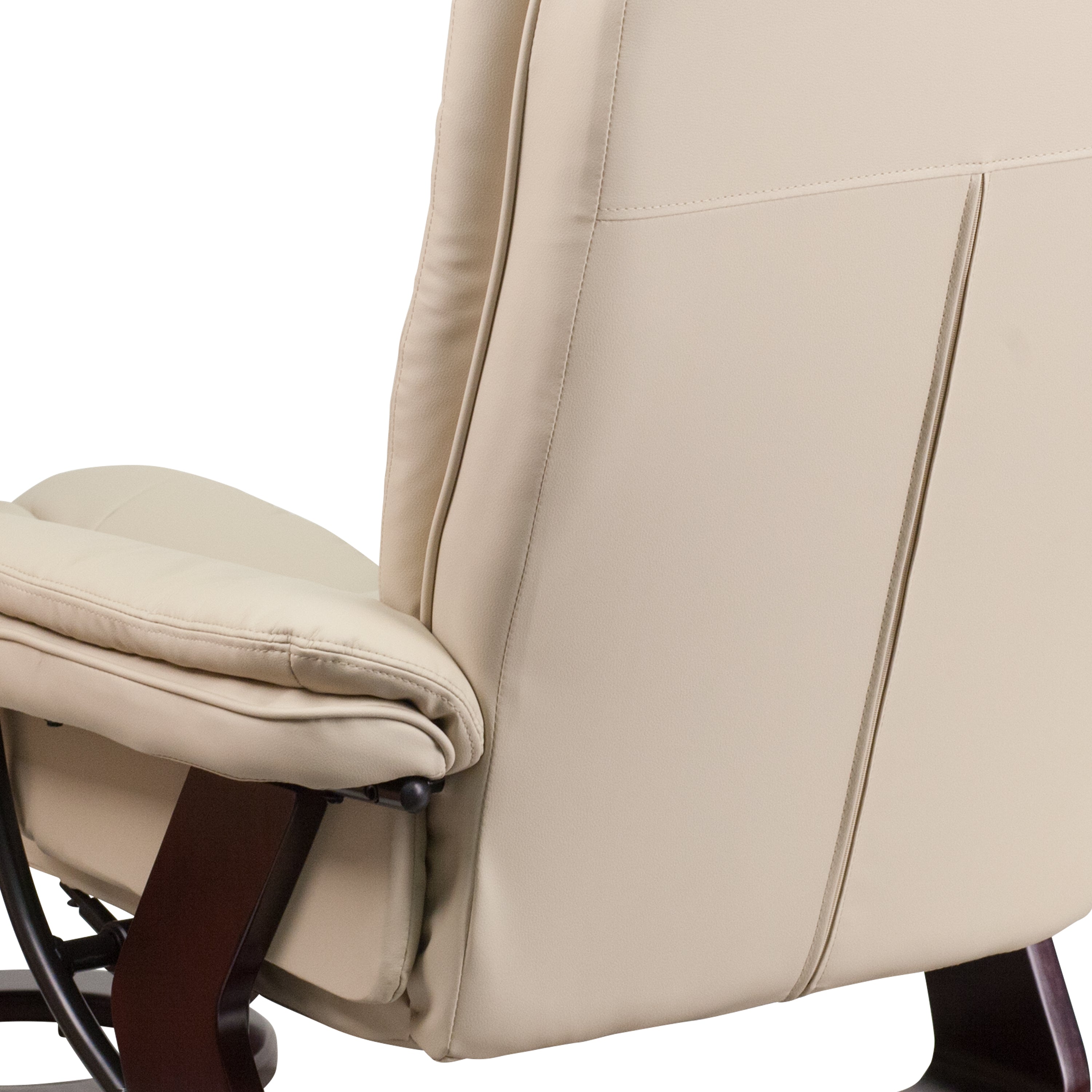 Contemporary LeatherSoft Recliner with Horizontal Stitching and Ottoman with Swiveling Mahogany Wood Base