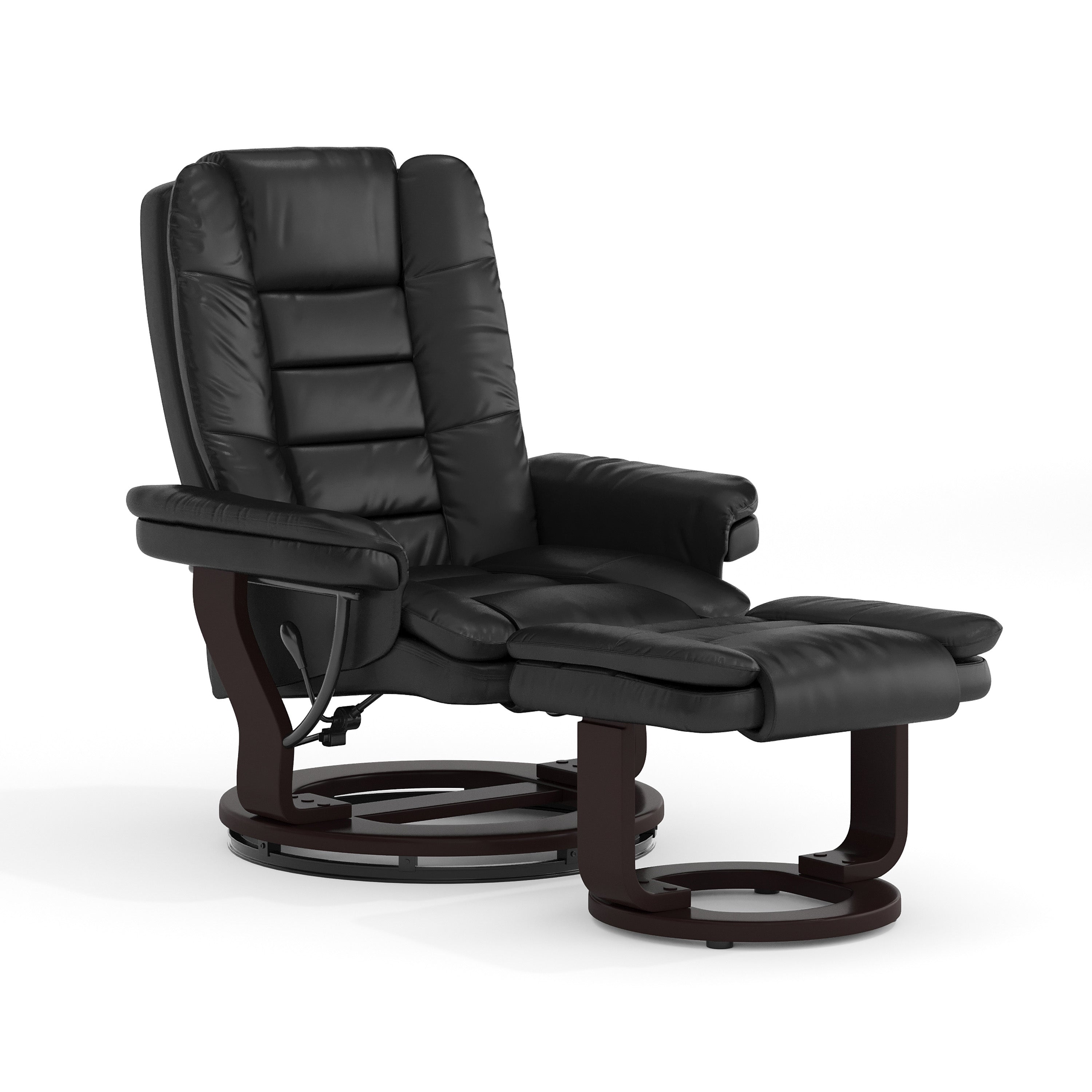 Contemporary LeatherSoft Recliner with Horizontal Stitching and Ottoman with Swiveling Mahogany Wood Base