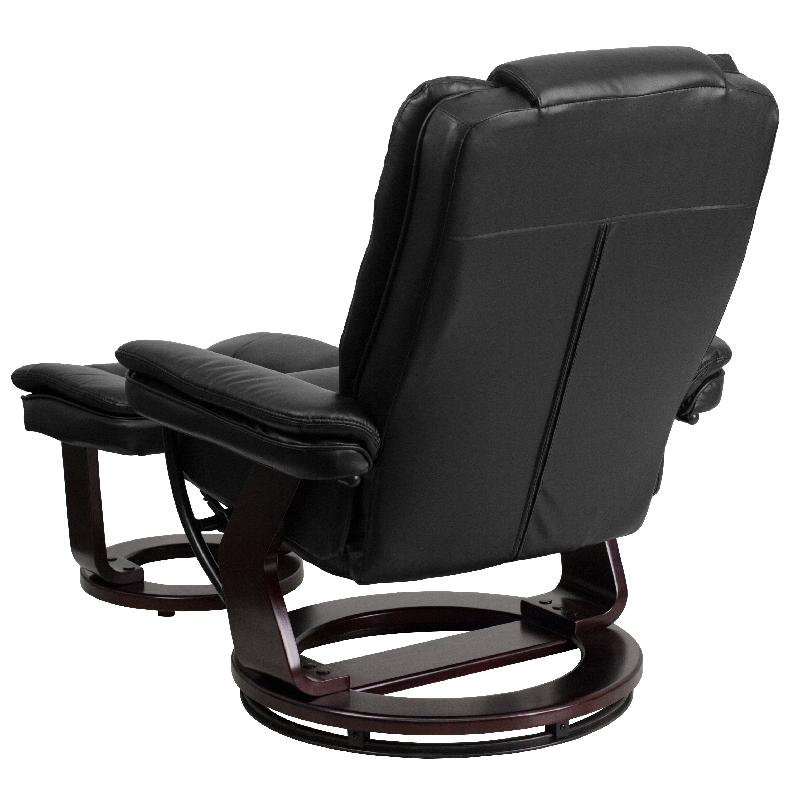 Contemporary LeatherSoft Recliner with Horizontal Stitching and Ottoman with Swiveling Mahogany Wood Base