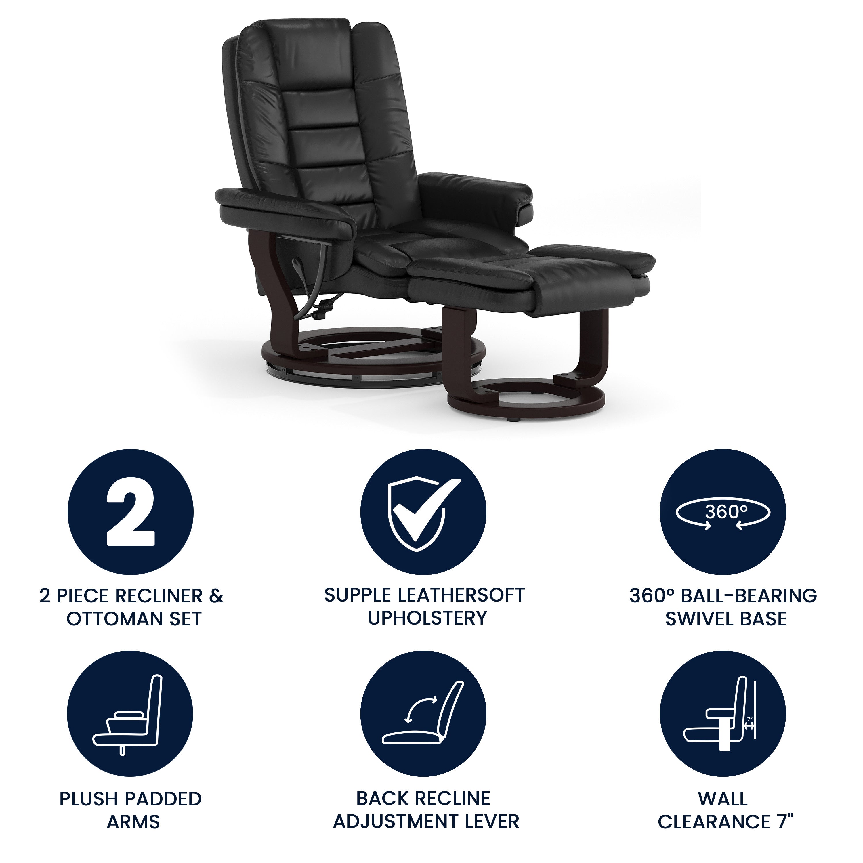 Contemporary LeatherSoft Recliner with Horizontal Stitching and Ottoman with Swiveling Mahogany Wood Base