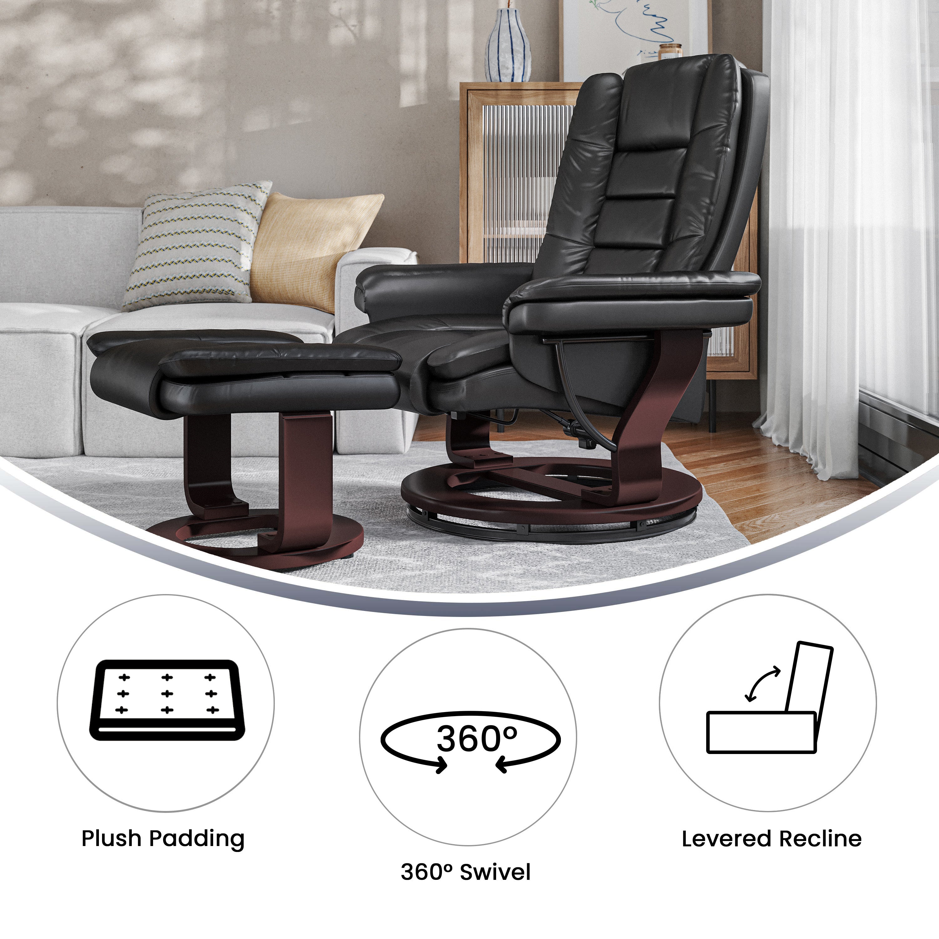 Contemporary LeatherSoft Recliner with Horizontal Stitching and Ottoman with Swiveling Mahogany Wood Base