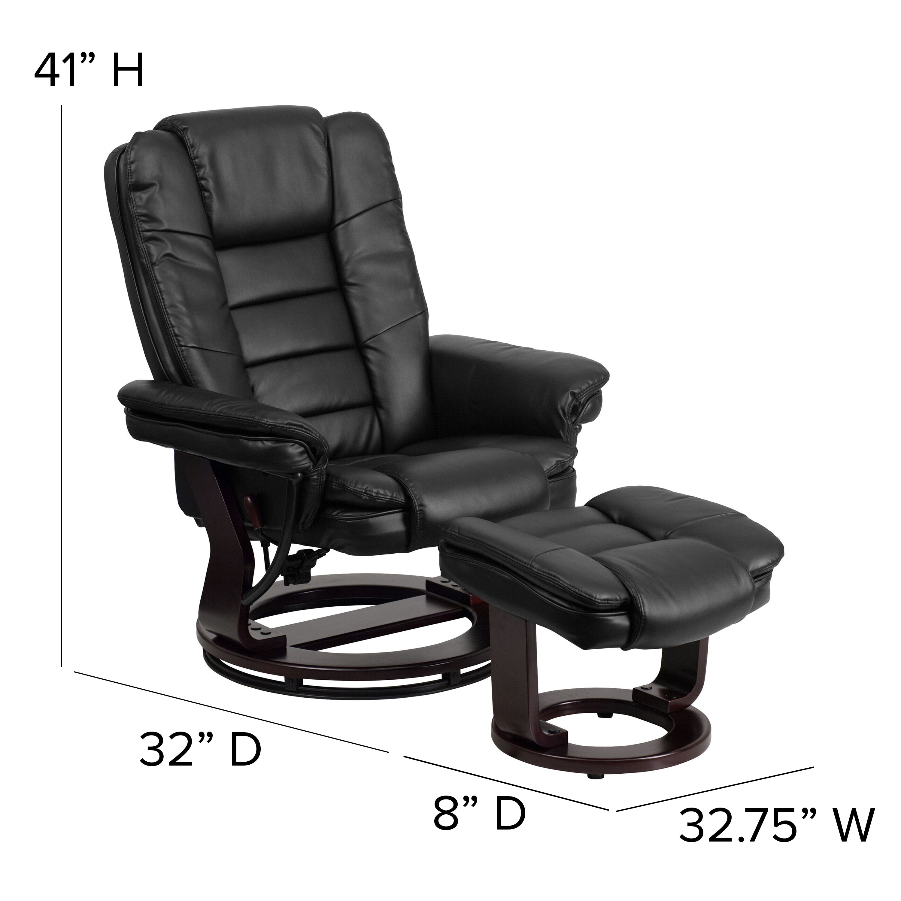 Contemporary LeatherSoft Recliner with Horizontal Stitching and Ottoman with Swiveling Mahogany Wood Base-Office Recliner-Flash Furniture-Wall2Wall Furnishings