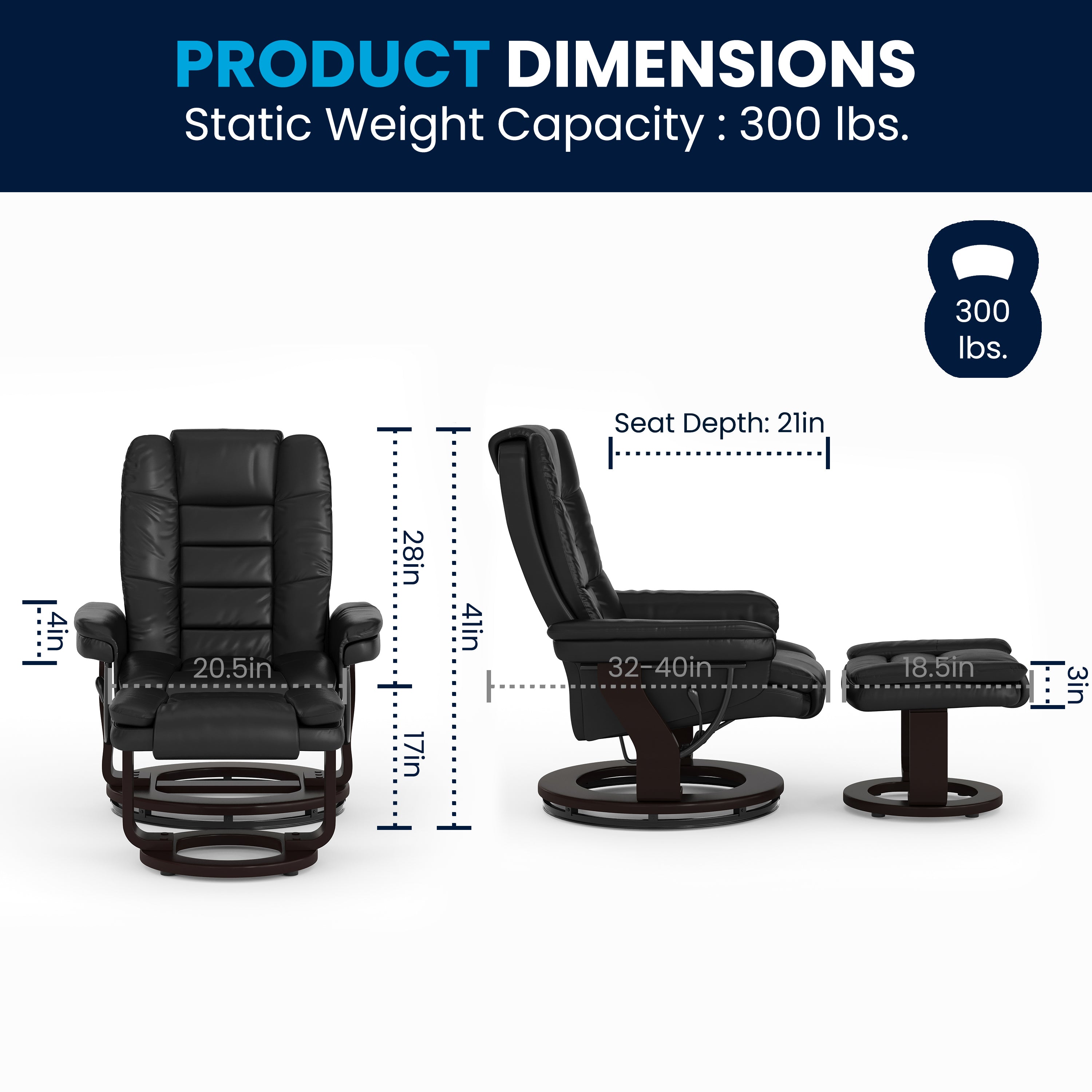 Contemporary LeatherSoft Recliner with Horizontal Stitching and Ottoman with Swiveling Mahogany Wood Base