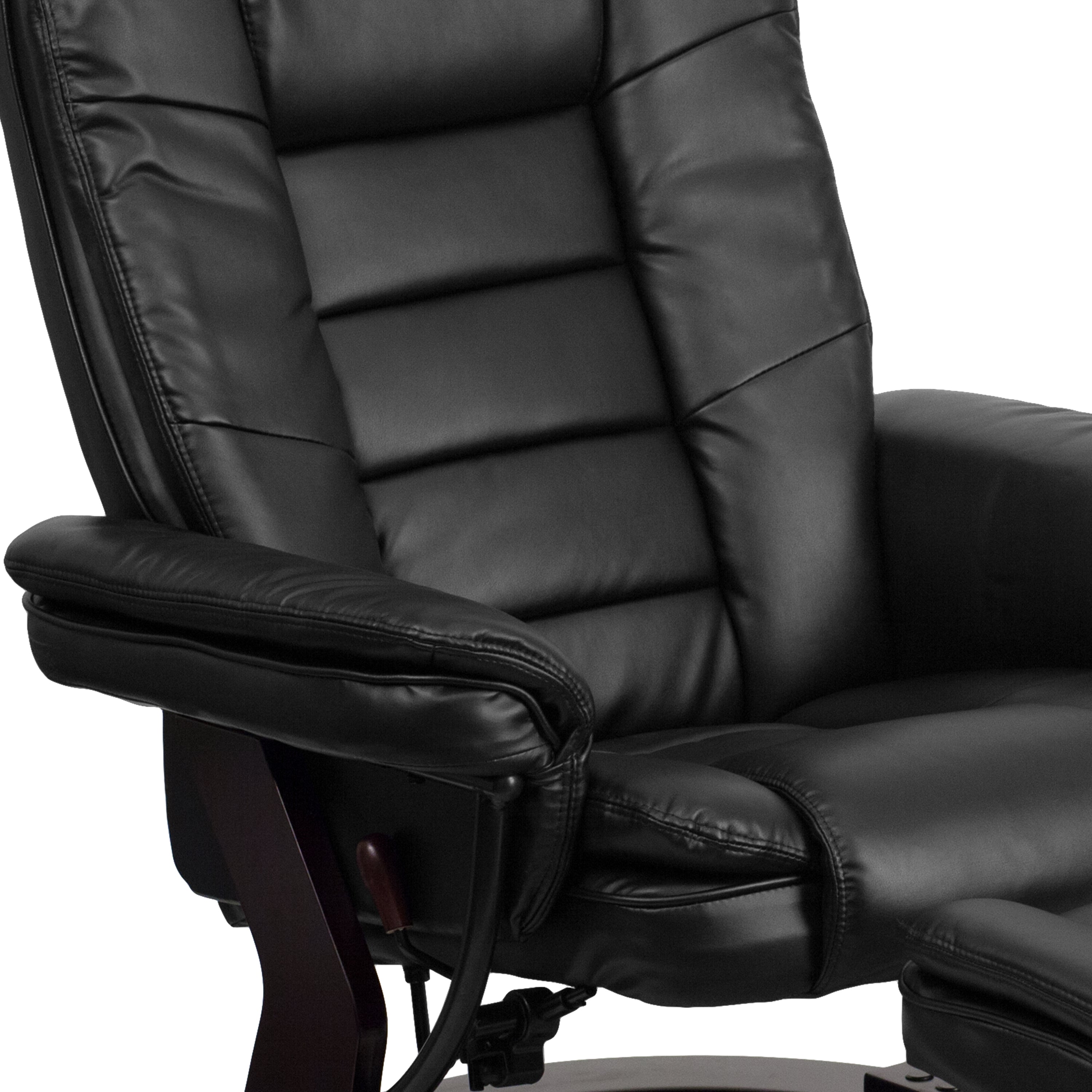 Contemporary LeatherSoft Recliner with Horizontal Stitching and Ottoman with Swiveling Mahogany Wood Base