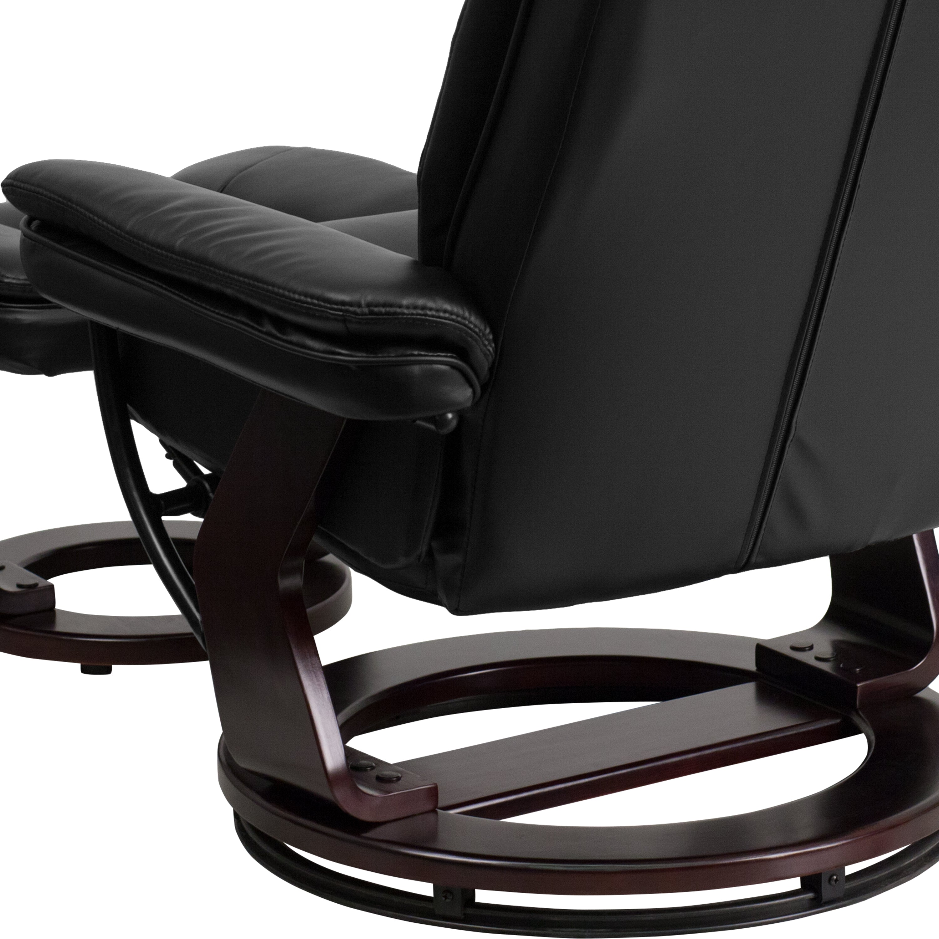 Contemporary LeatherSoft Recliner with Horizontal Stitching and Ottoman with Swiveling Mahogany Wood Base