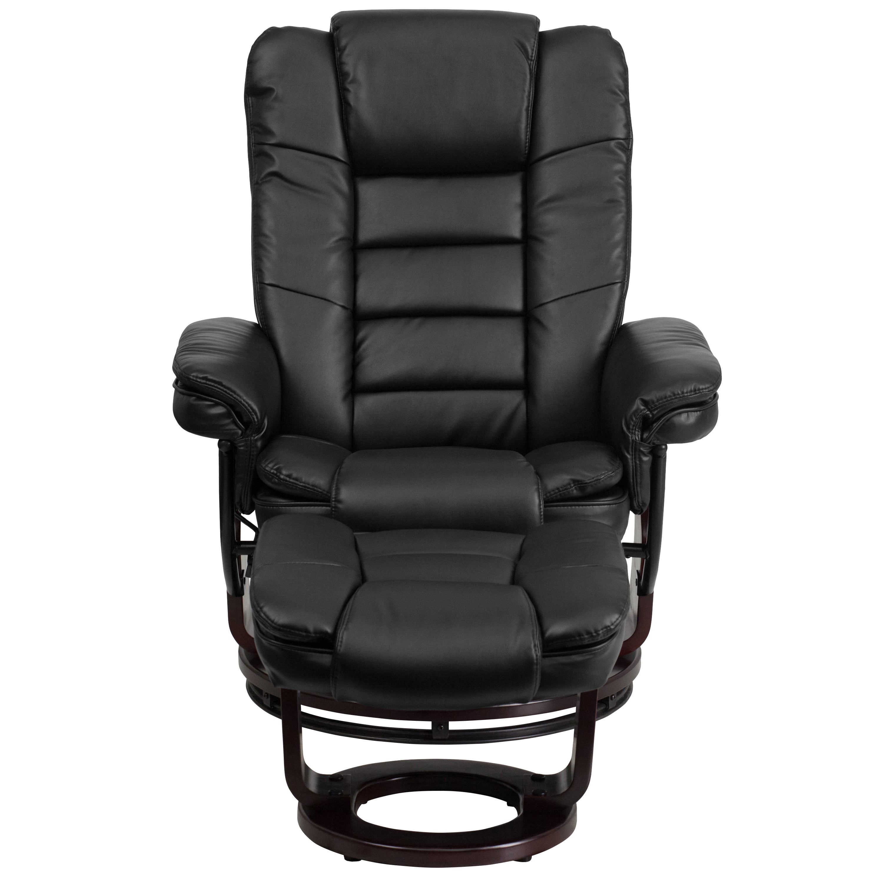 Contemporary LeatherSoft Recliner with Horizontal Stitching and Ottoman with Swiveling Mahogany Wood Base