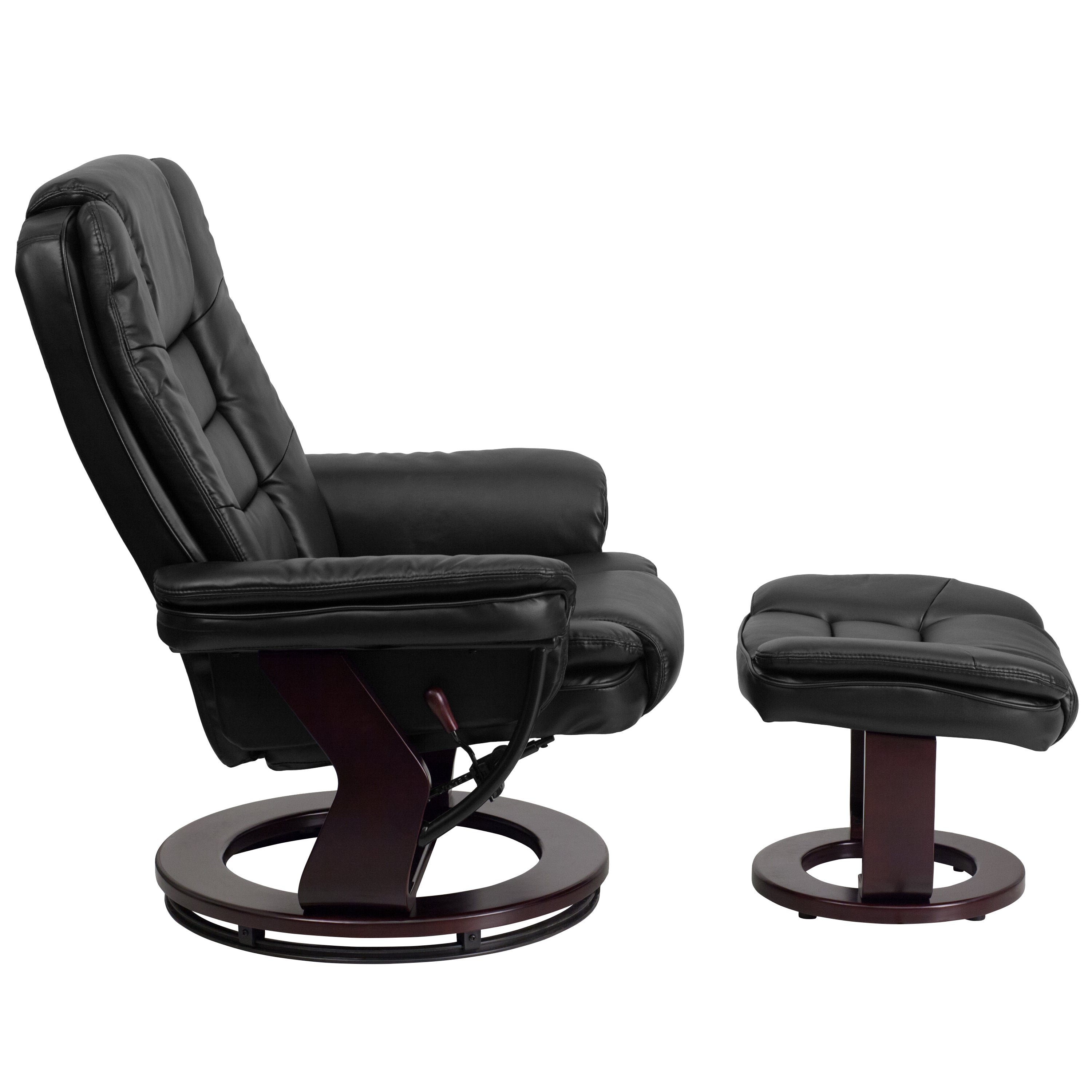 Contemporary LeatherSoft Recliner with Horizontal Stitching and Ottoman with Swiveling Mahogany Wood Base
