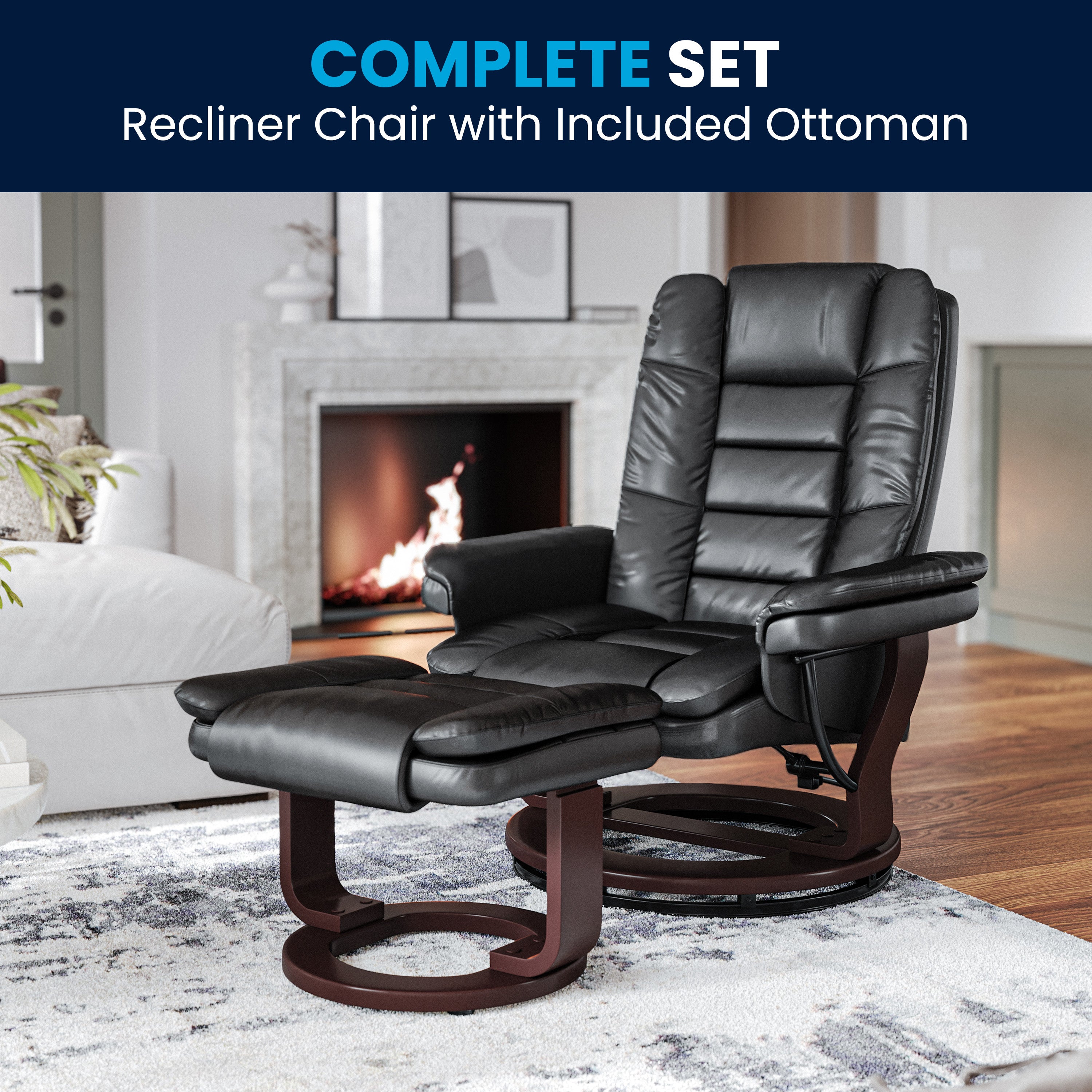 Contemporary LeatherSoft Recliner with Horizontal Stitching and Ottoman with Swiveling Mahogany Wood Base
