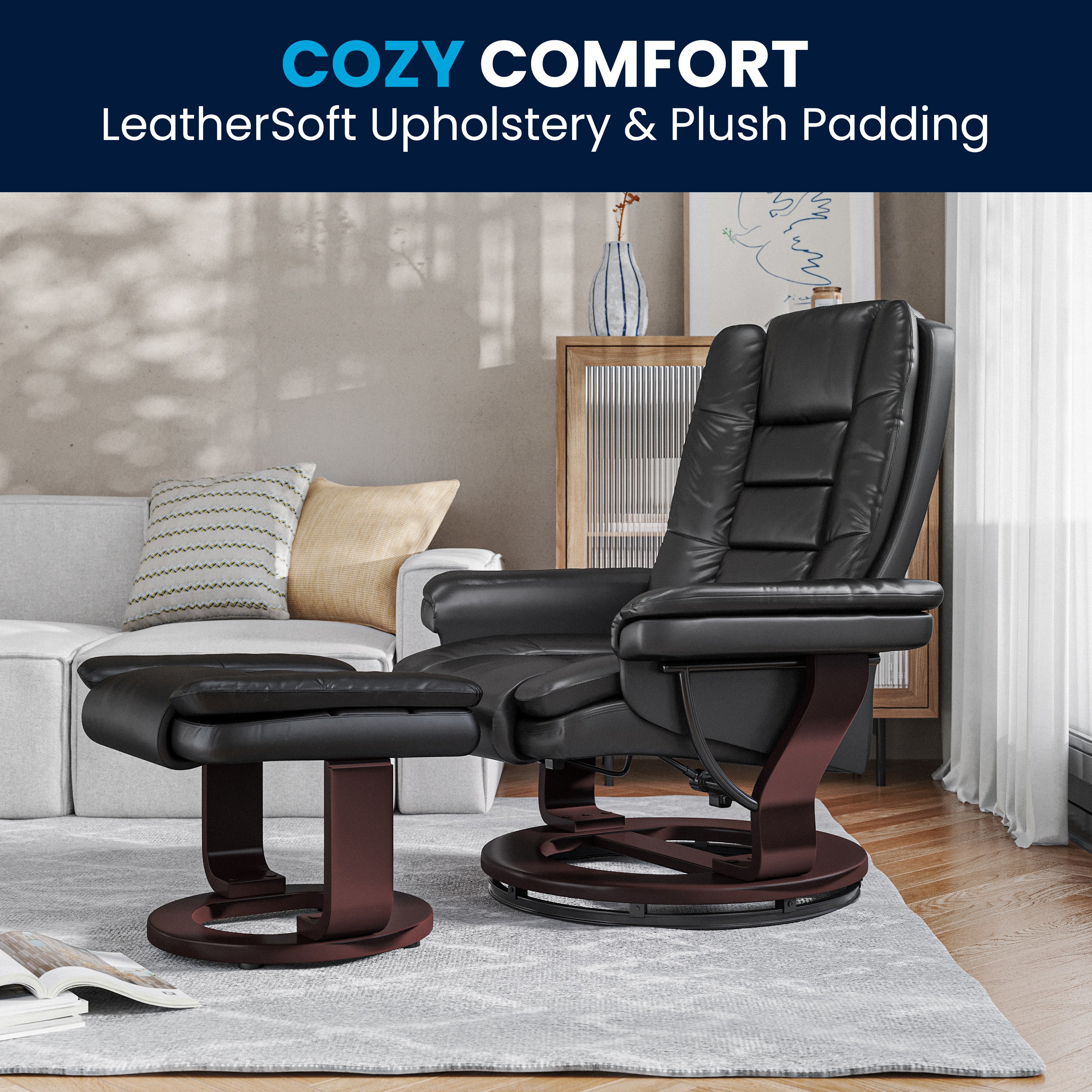 Contemporary LeatherSoft Recliner with Horizontal Stitching and Ottoman with Swiveling Mahogany Wood Base