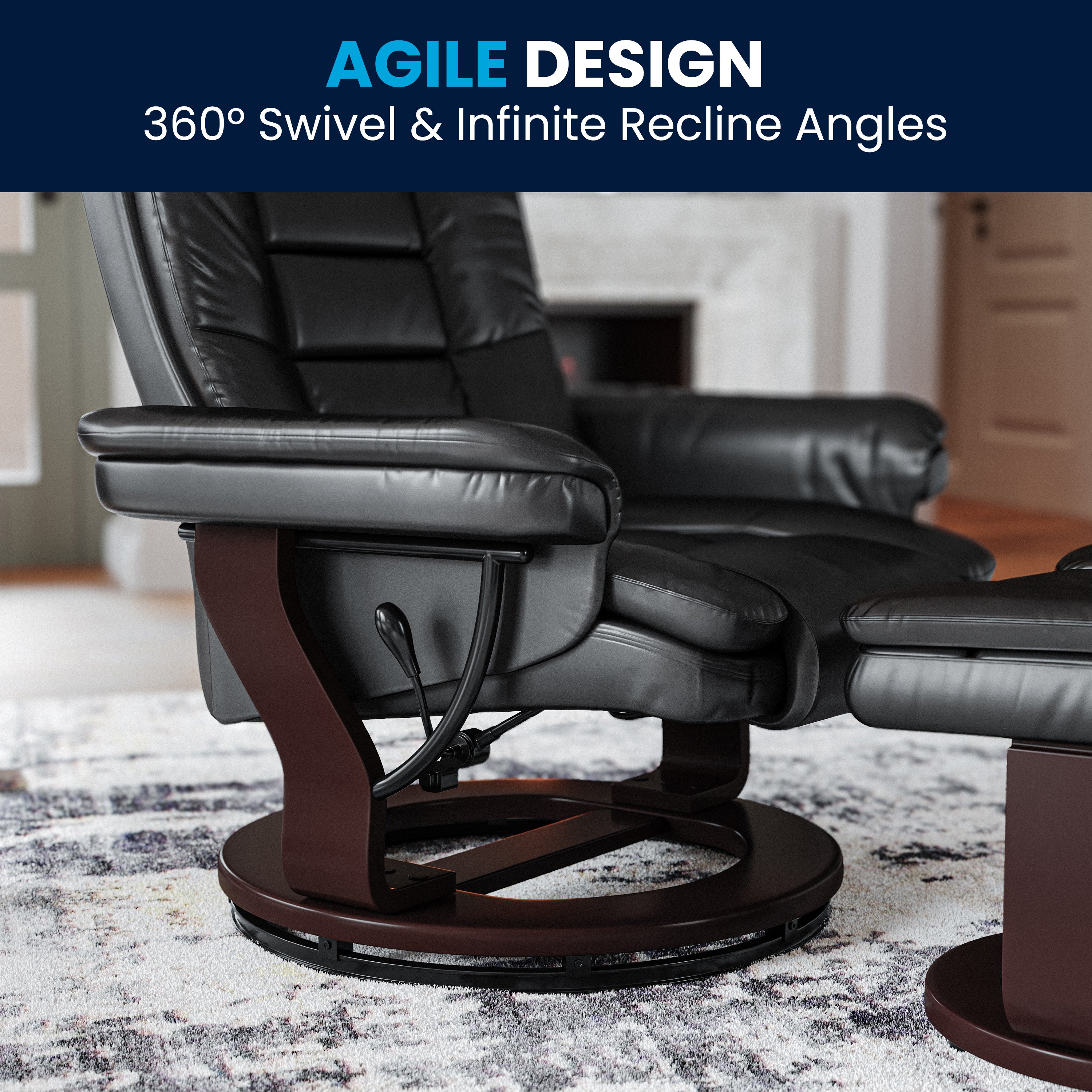 Contemporary LeatherSoft Recliner with Horizontal Stitching and Ottoman with Swiveling Mahogany Wood Base
