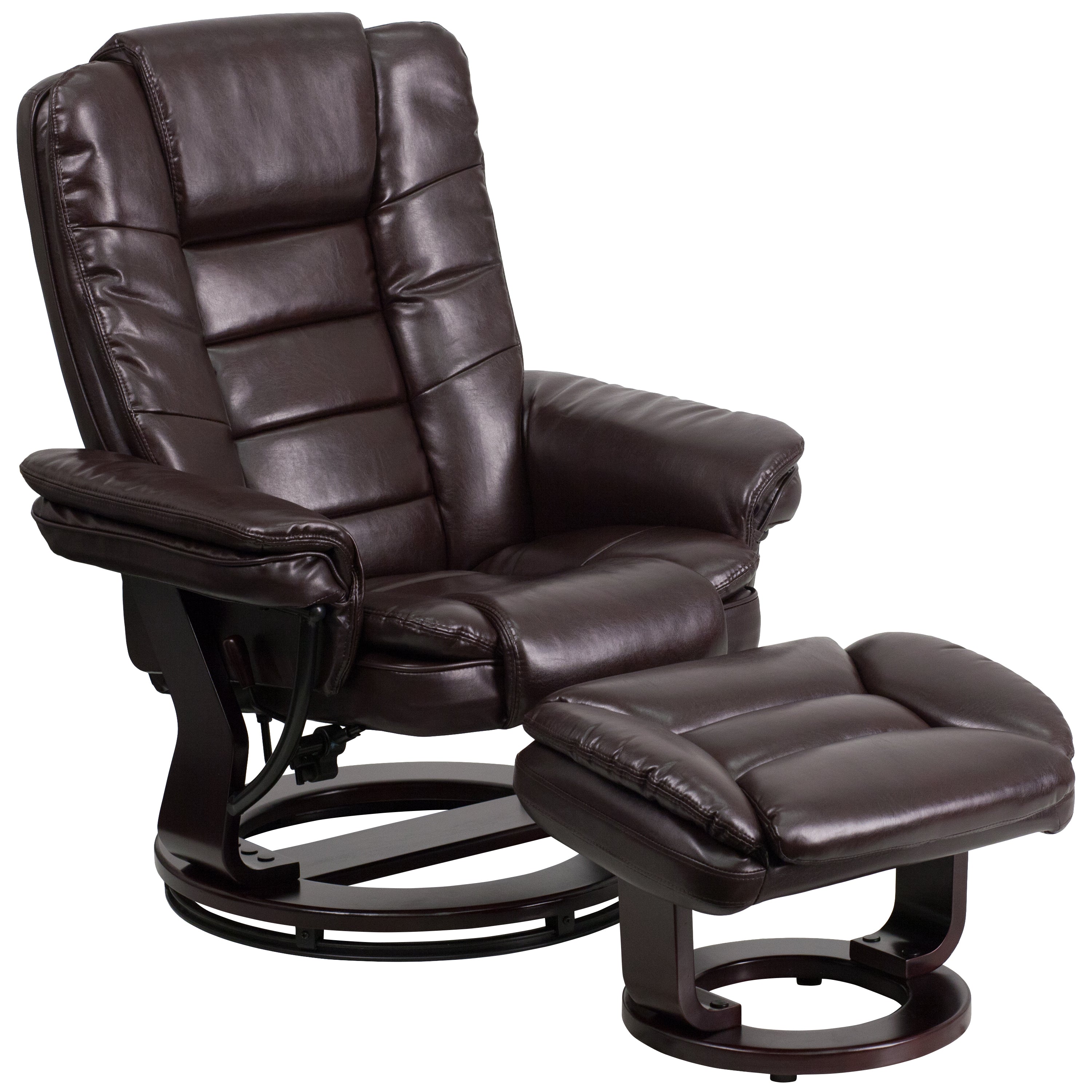 Contemporary LeatherSoft Recliner with Horizontal Stitching and Ottoman with Swiveling Mahogany Wood Base