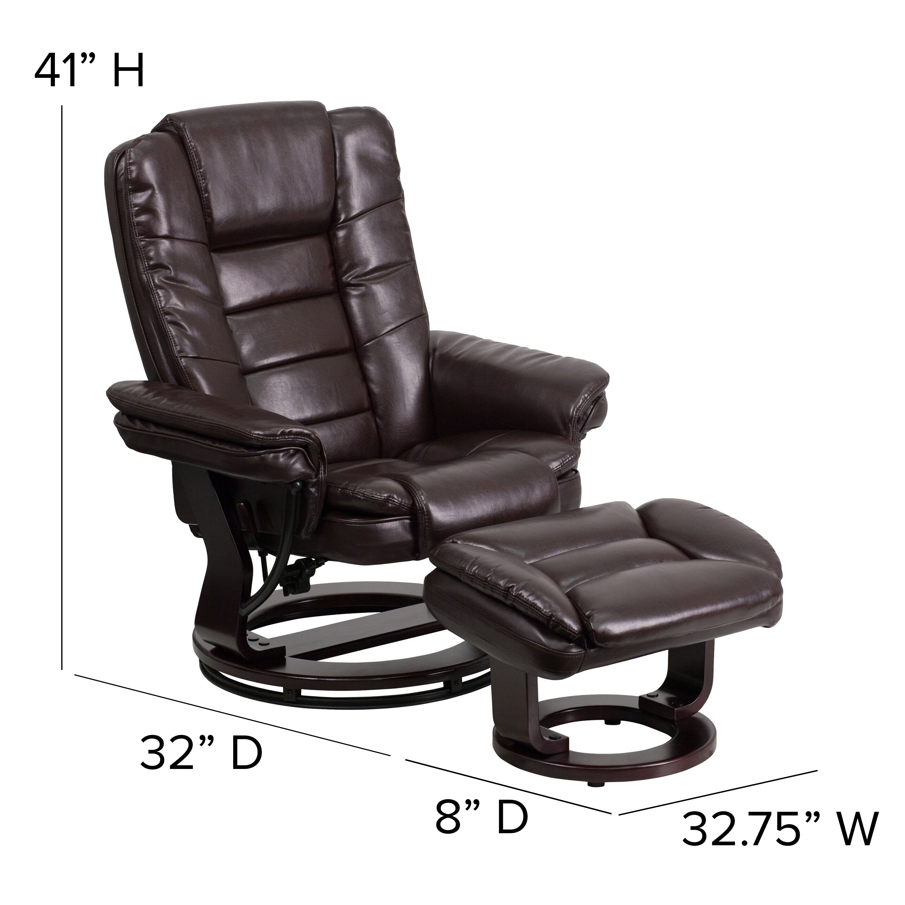 Contemporary LeatherSoft Recliner with Horizontal Stitching and Ottoman with Swiveling Mahogany Wood Base