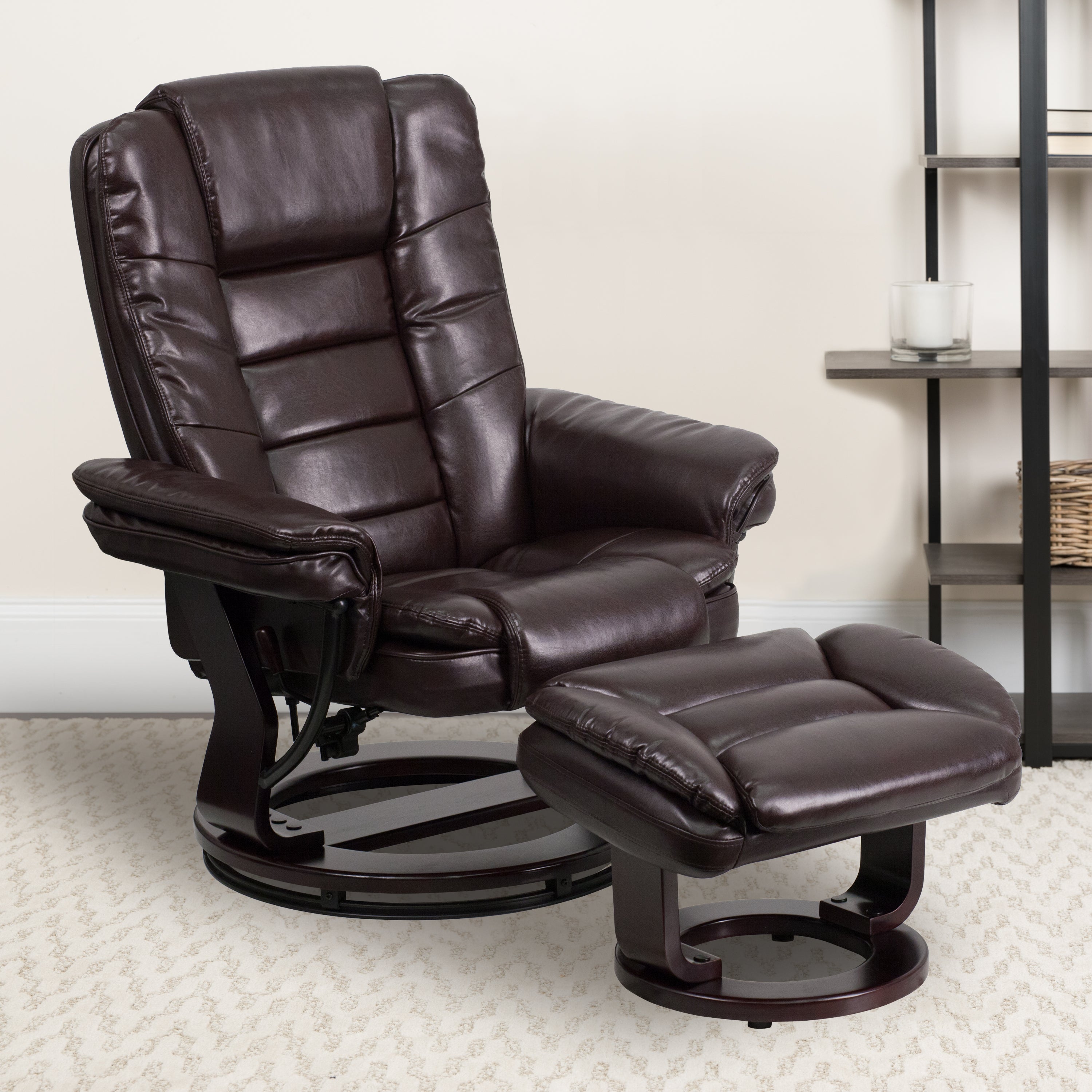 Contemporary LeatherSoft Recliner with Horizontal Stitching and Ottoman with Swiveling Mahogany Wood Base