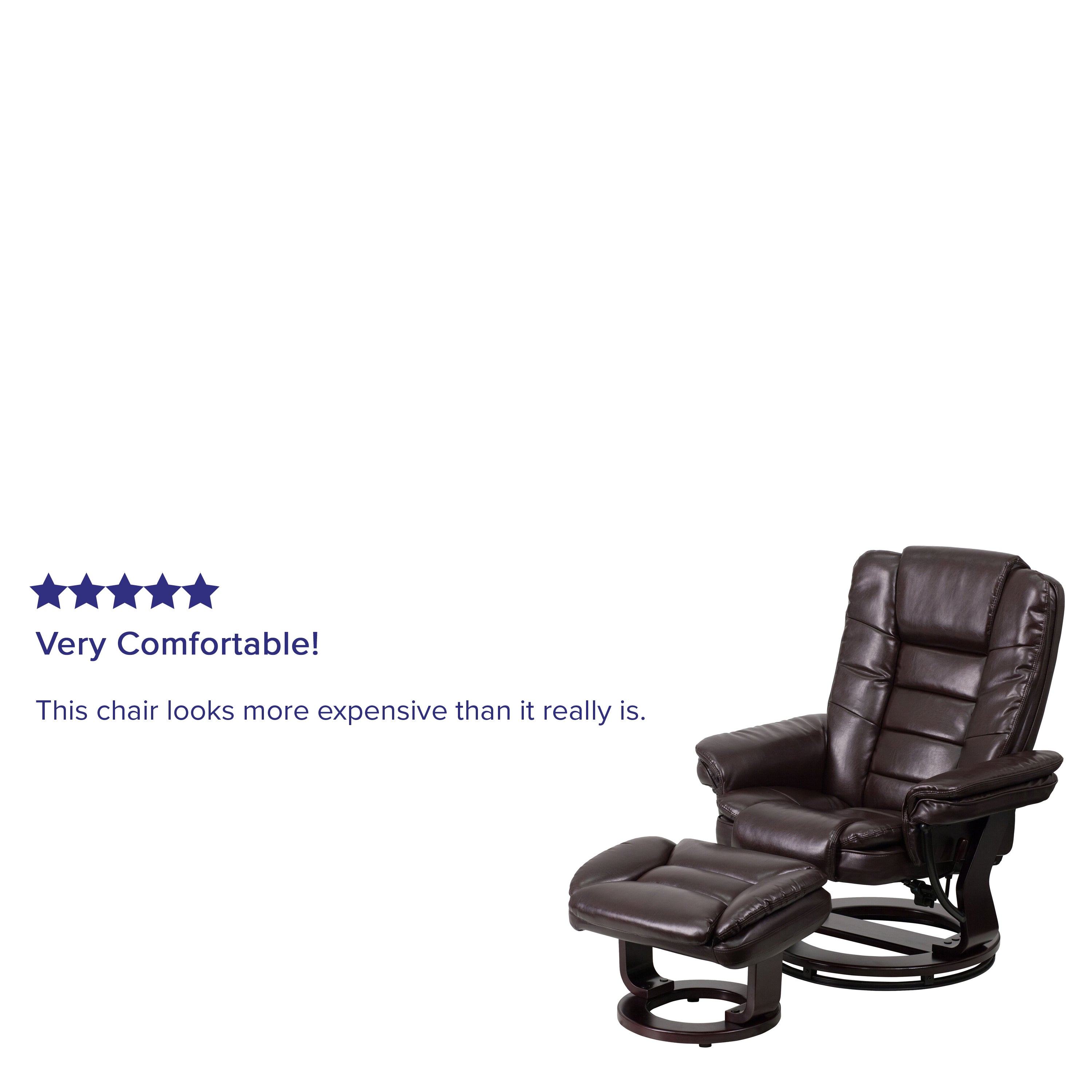 Contemporary LeatherSoft Recliner with Horizontal Stitching and Ottoman with Swiveling Mahogany Wood Base