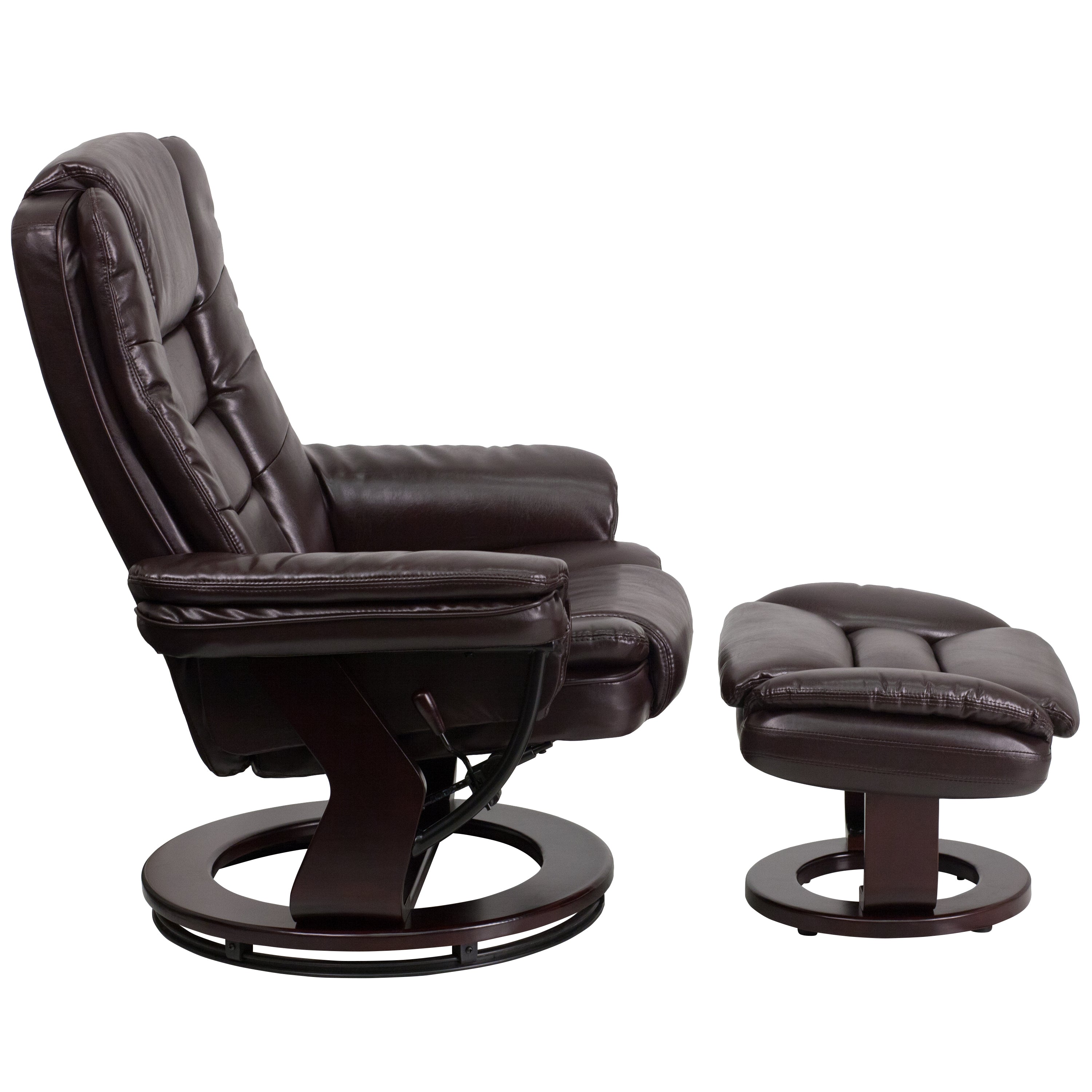 Contemporary LeatherSoft Recliner with Horizontal Stitching and Ottoman with Swiveling Mahogany Wood Base