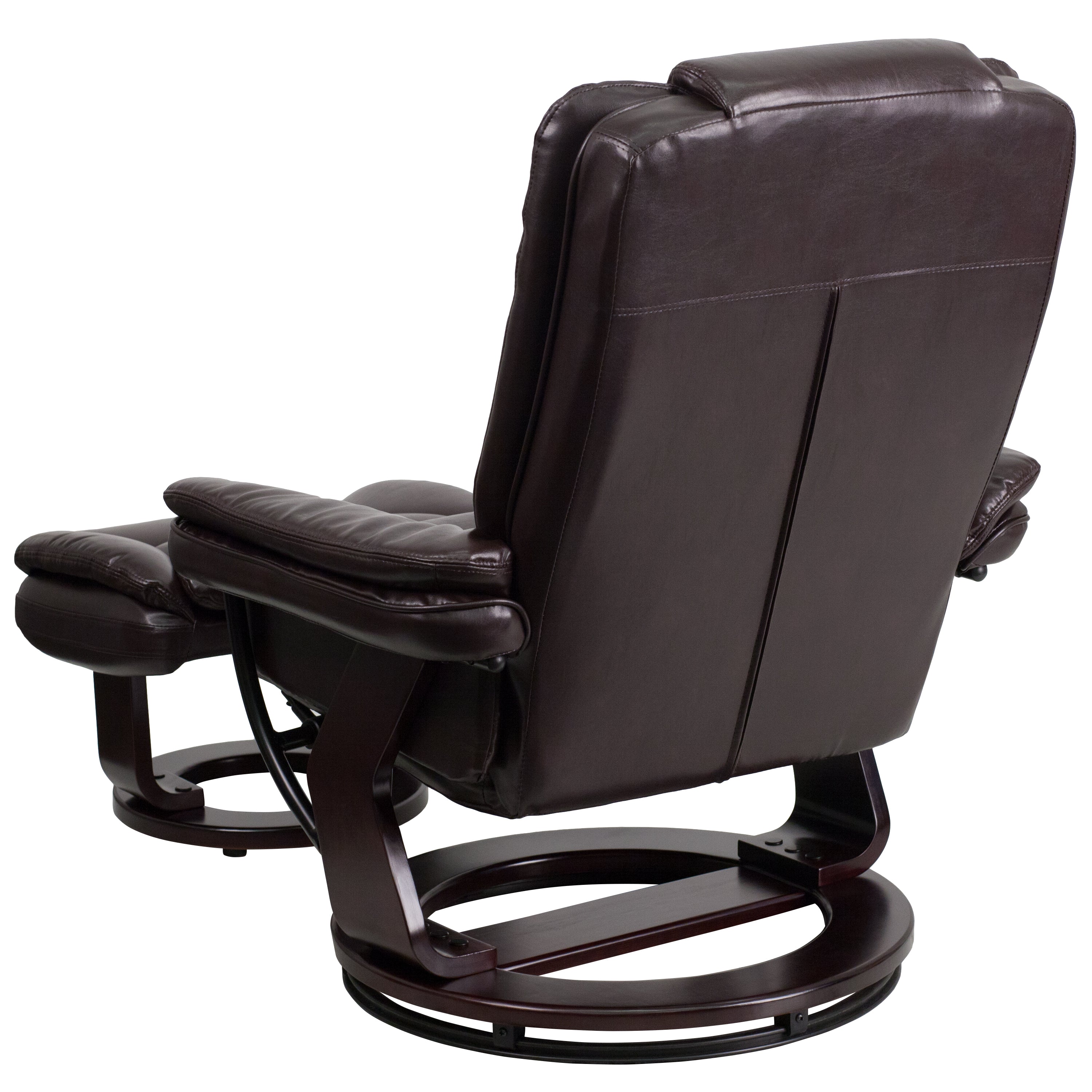 Contemporary LeatherSoft Recliner with Horizontal Stitching and Ottoman with Swiveling Mahogany Wood Base