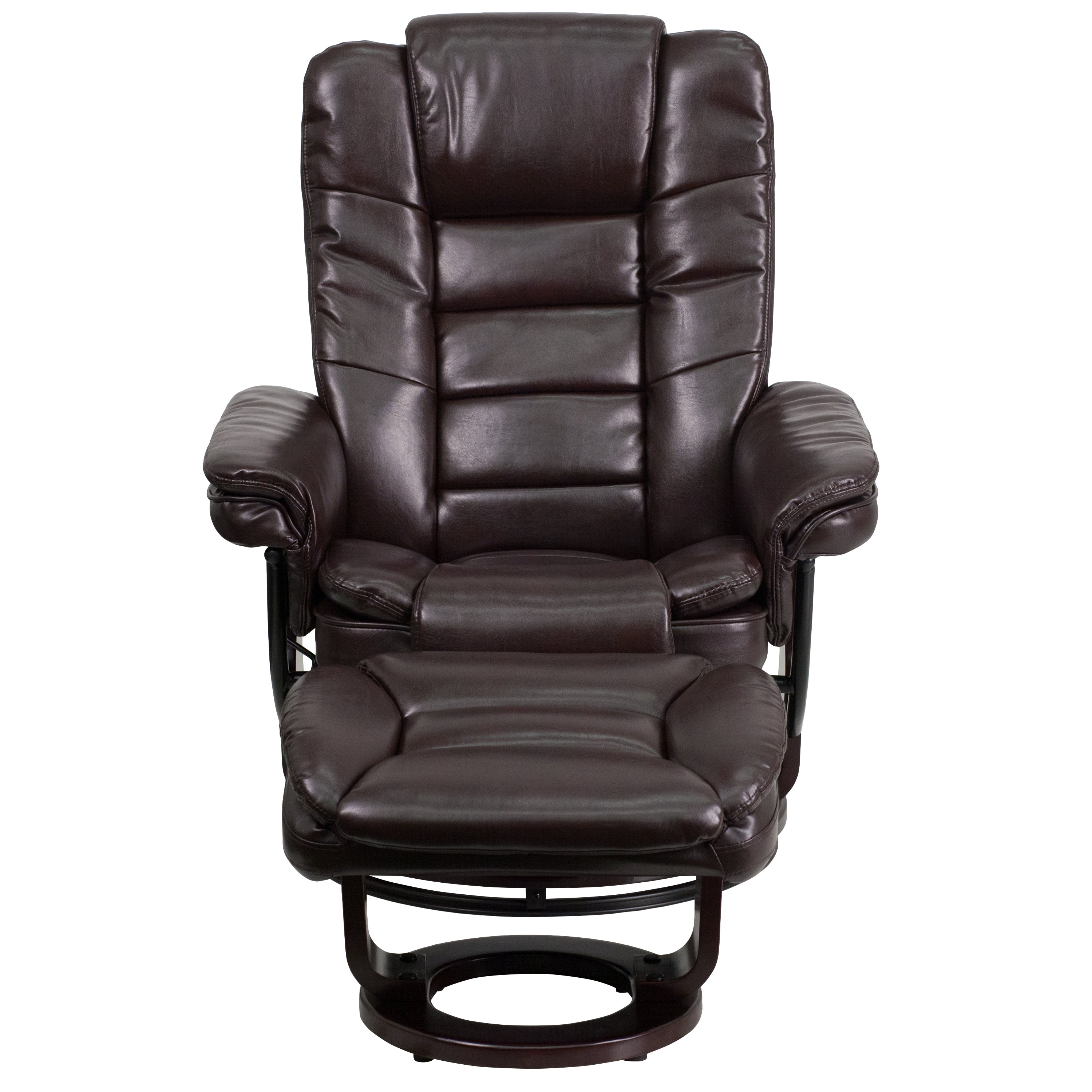Contemporary LeatherSoft Recliner with Horizontal Stitching and Ottoman with Swiveling Mahogany Wood Base