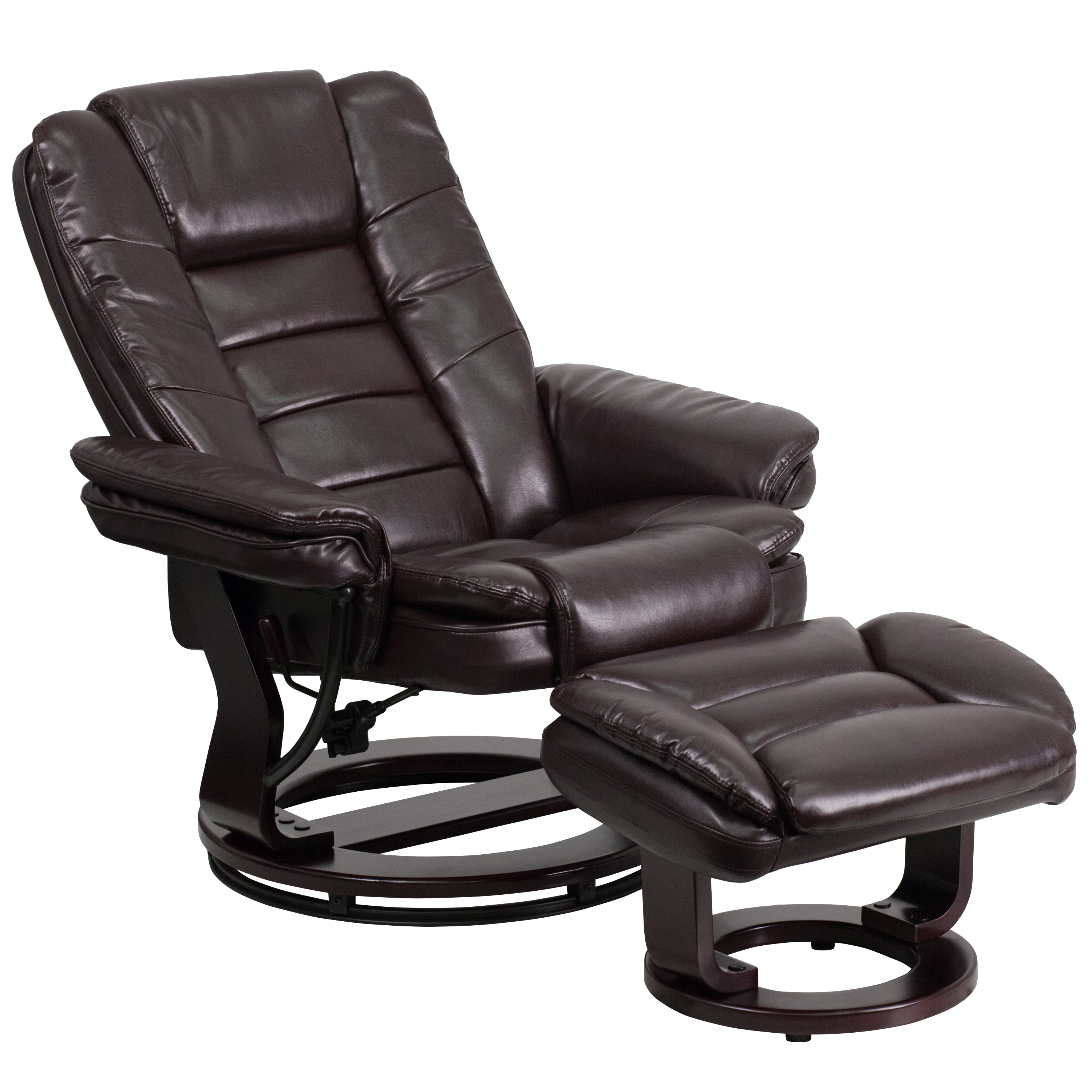 Contemporary LeatherSoft Recliner with Horizontal Stitching and Ottoman with Swiveling Mahogany Wood Base