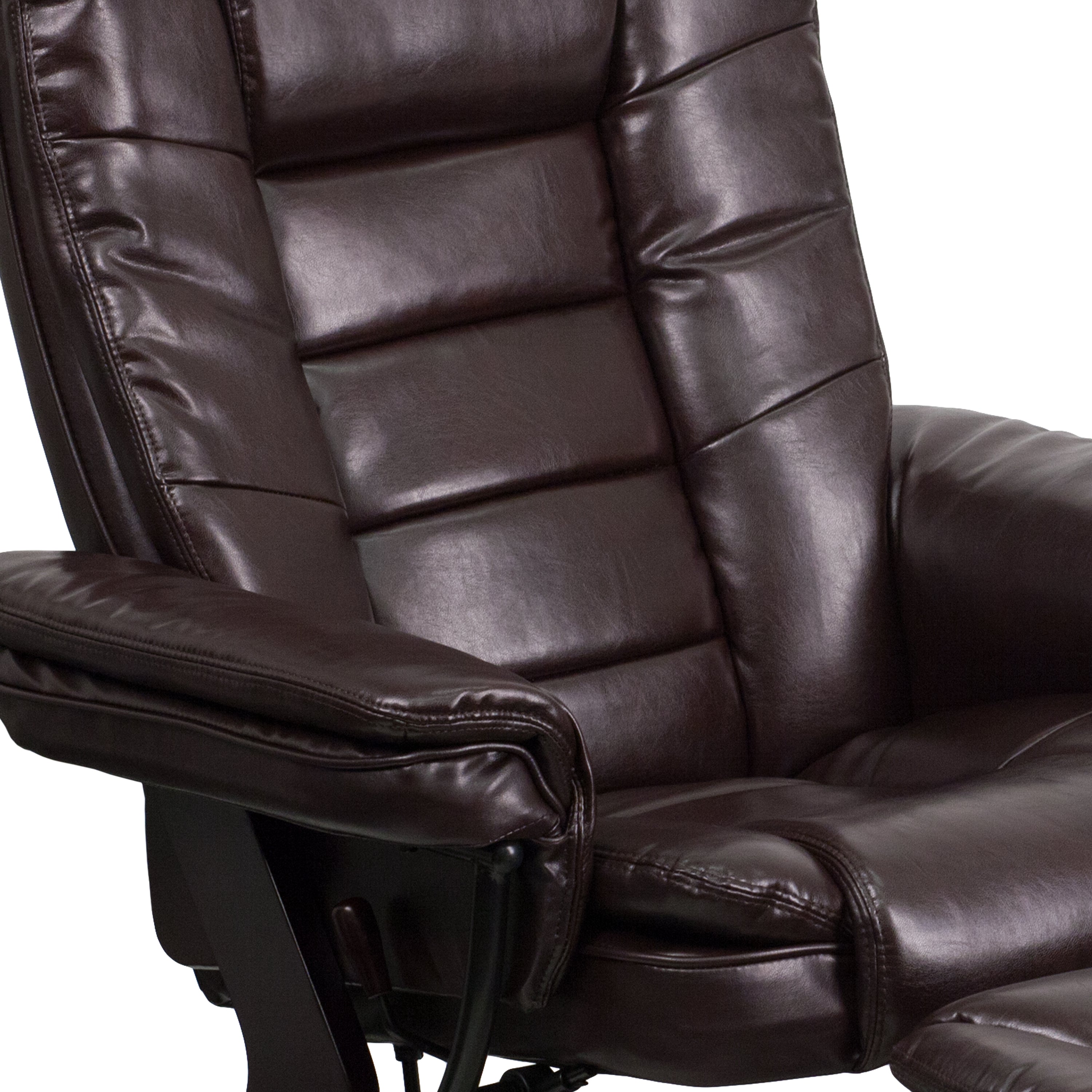 Contemporary LeatherSoft Recliner with Horizontal Stitching and Ottoman with Swiveling Mahogany Wood Base