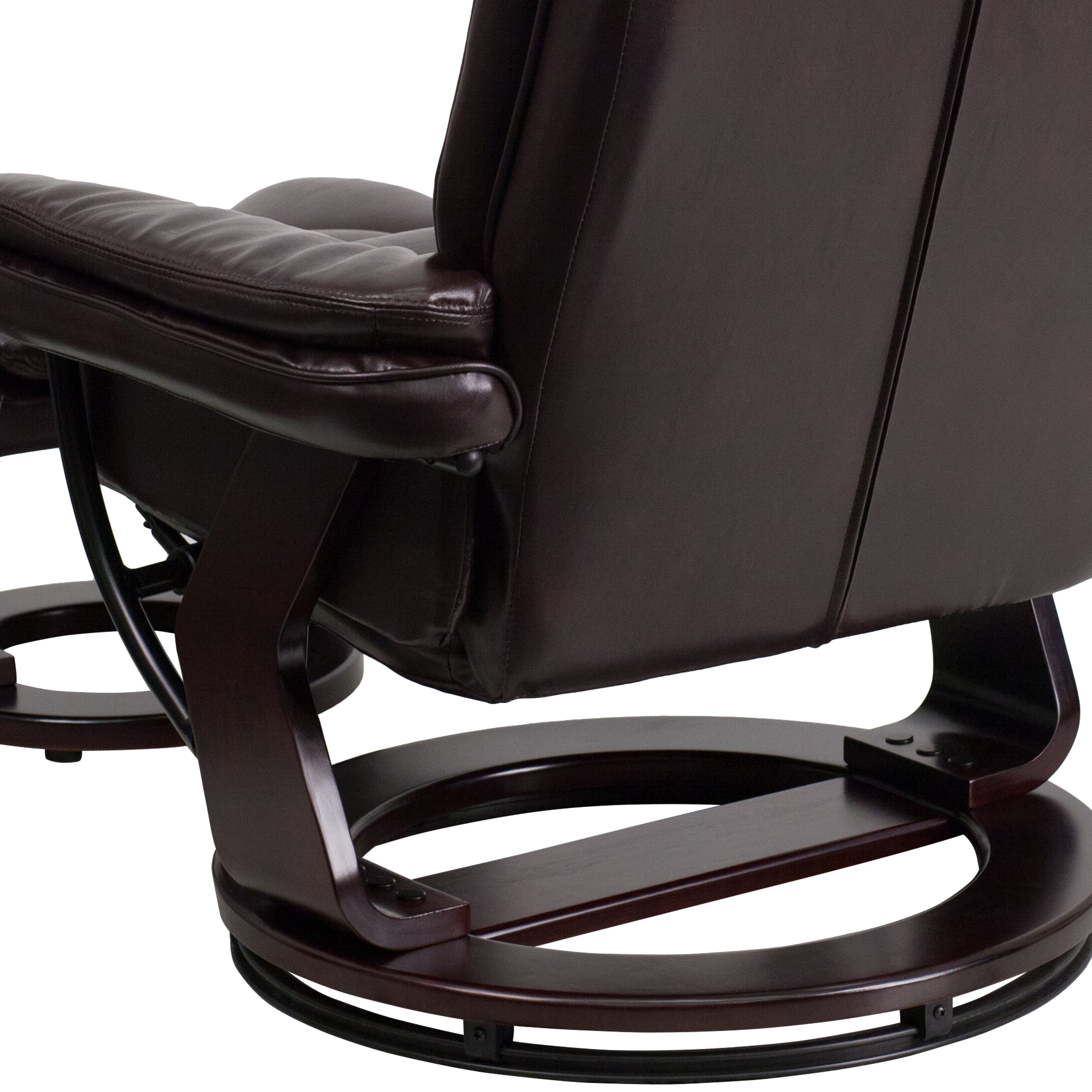 Contemporary LeatherSoft Recliner with Horizontal Stitching and Ottoman with Swiveling Mahogany Wood Base