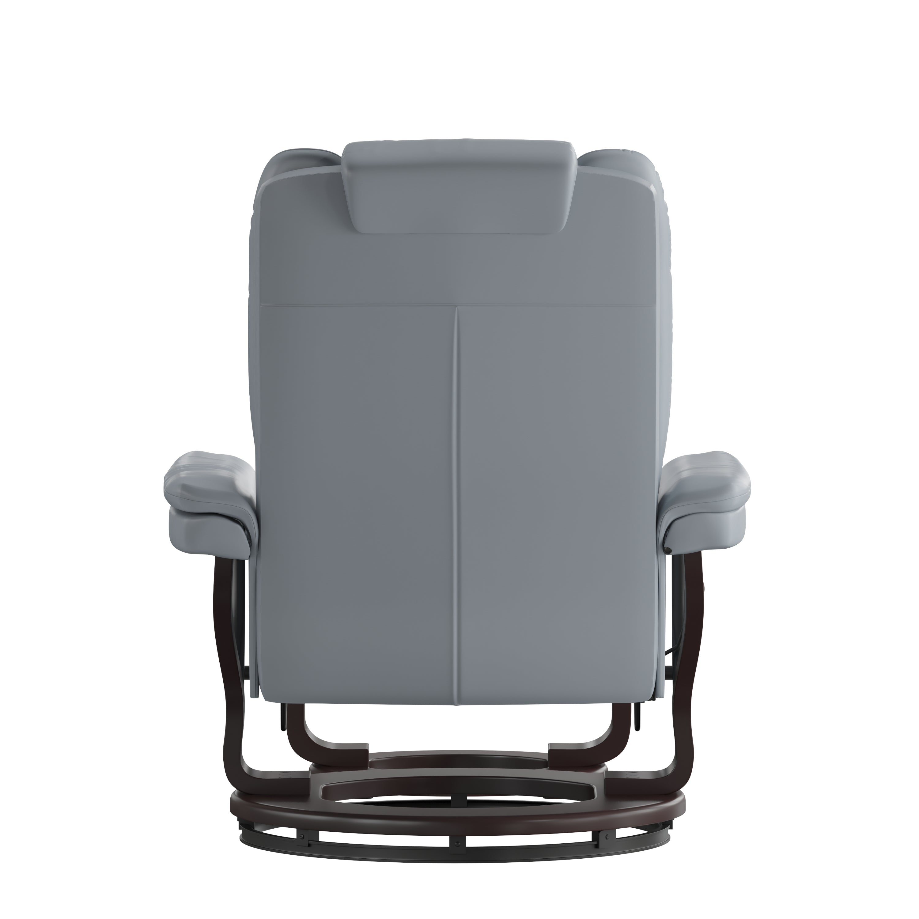 Contemporary LeatherSoft Recliner with Horizontal Stitching and Ottoman with Swiveling Mahogany Wood Base