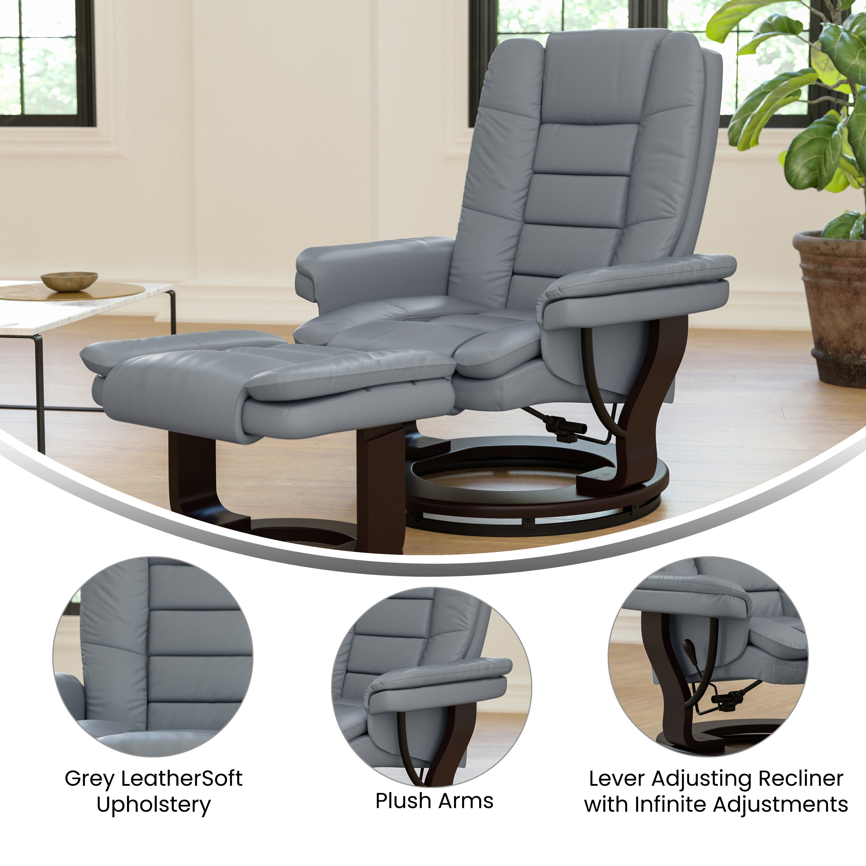Contemporary LeatherSoft Recliner with Horizontal Stitching and Ottoman with Swiveling Mahogany Wood Base