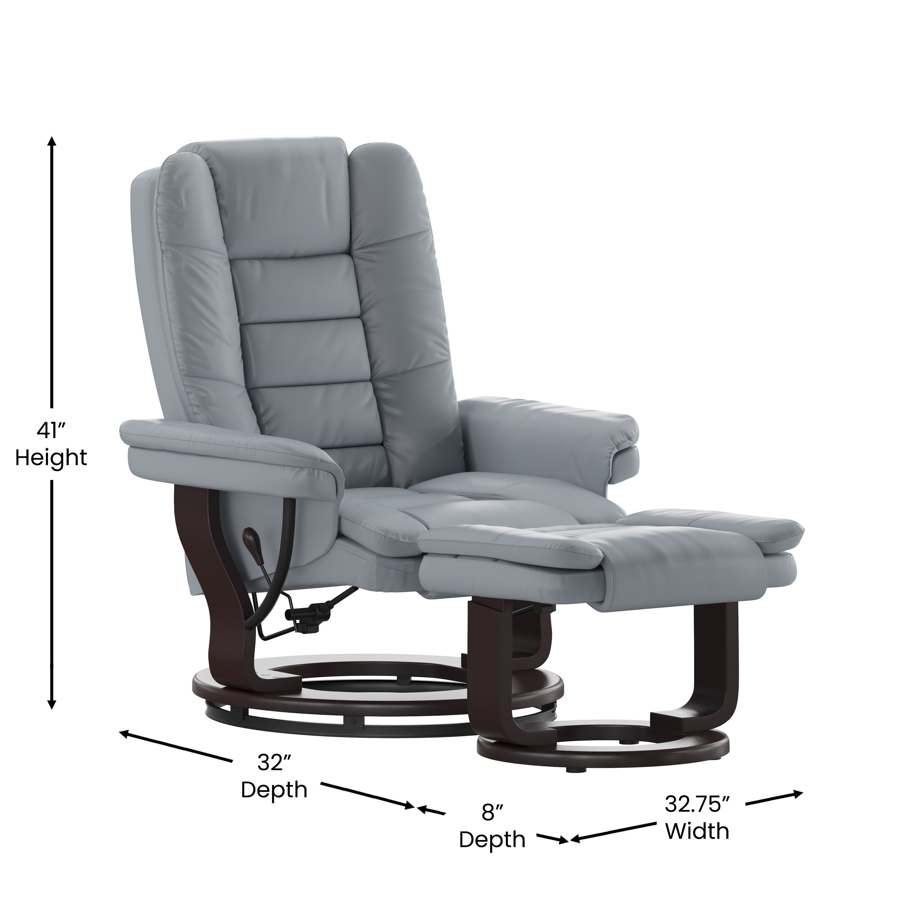 Contemporary LeatherSoft Recliner with Horizontal Stitching and Ottoman with Swiveling Mahogany Wood Base