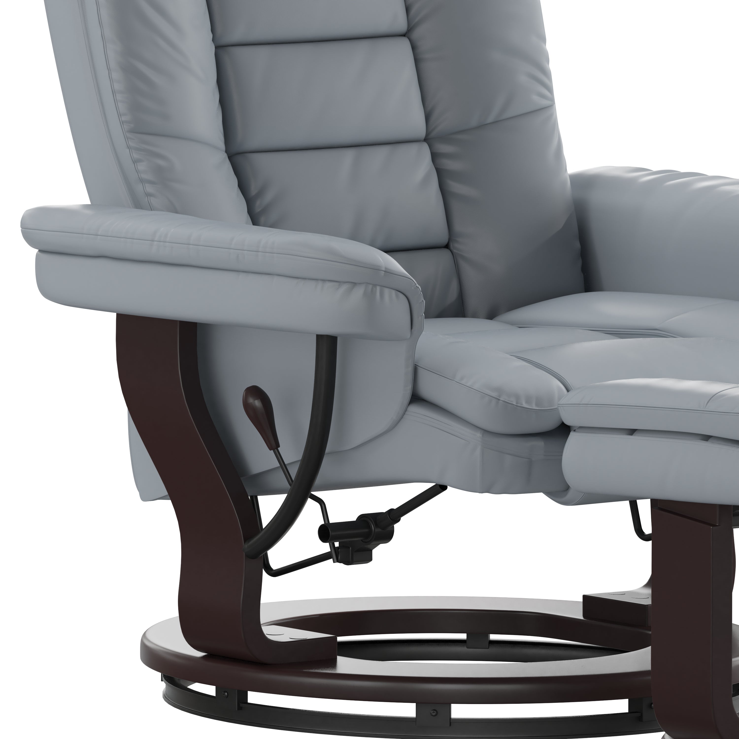 Contemporary LeatherSoft Recliner with Horizontal Stitching and Ottoman with Swiveling Mahogany Wood Base