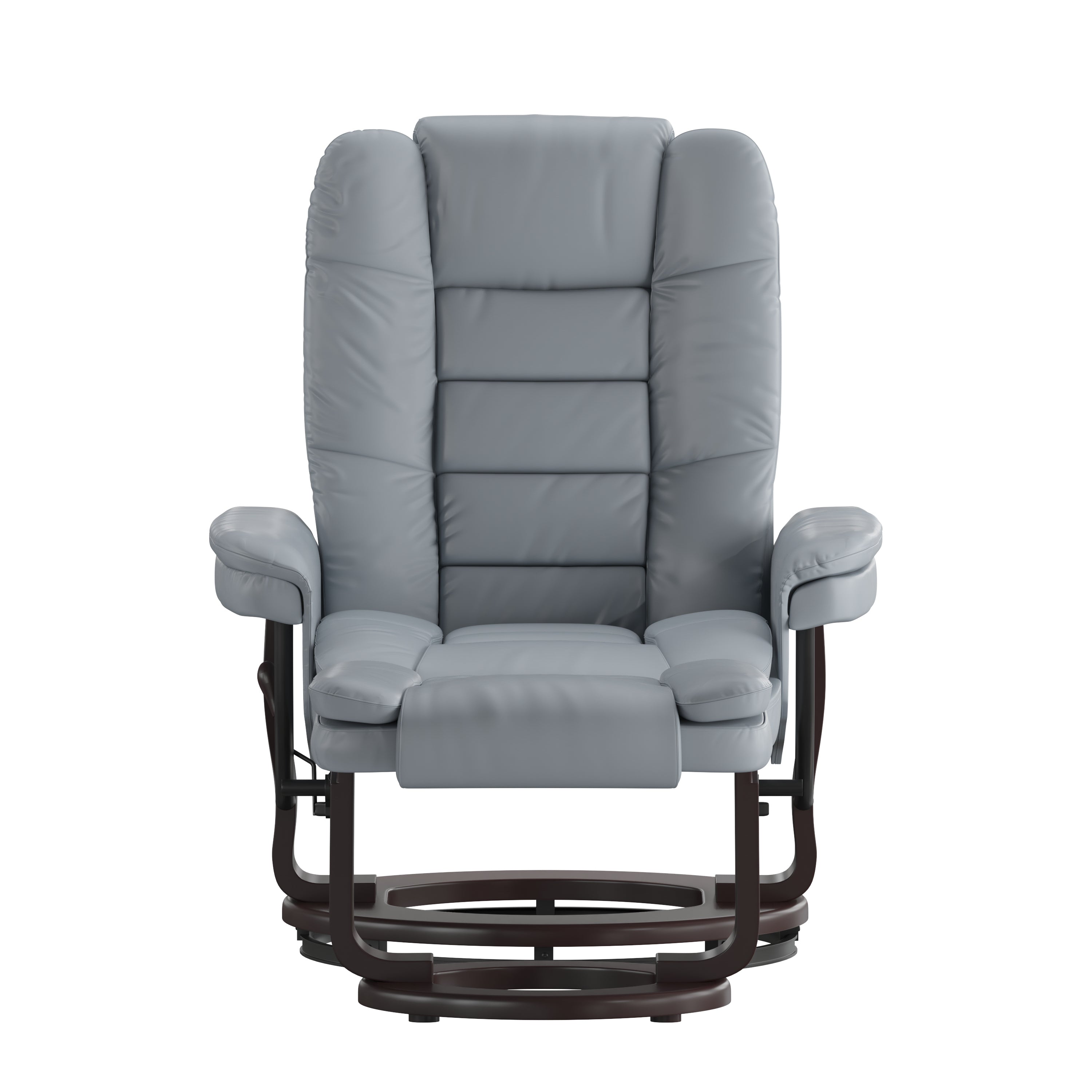 Contemporary LeatherSoft Recliner with Horizontal Stitching and Ottoman with Swiveling Mahogany Wood Base