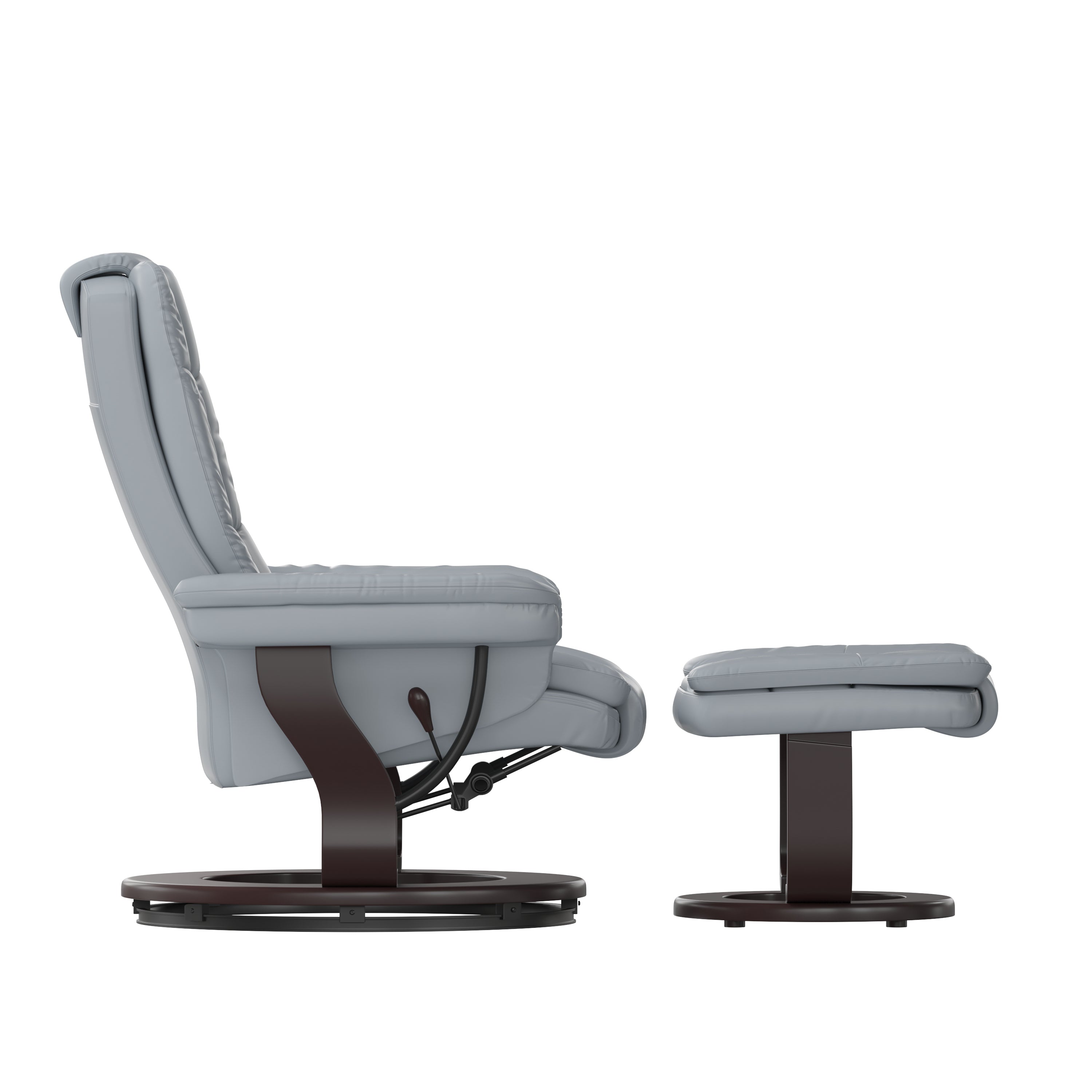 Contemporary LeatherSoft Recliner with Horizontal Stitching and Ottoman with Swiveling Mahogany Wood Base