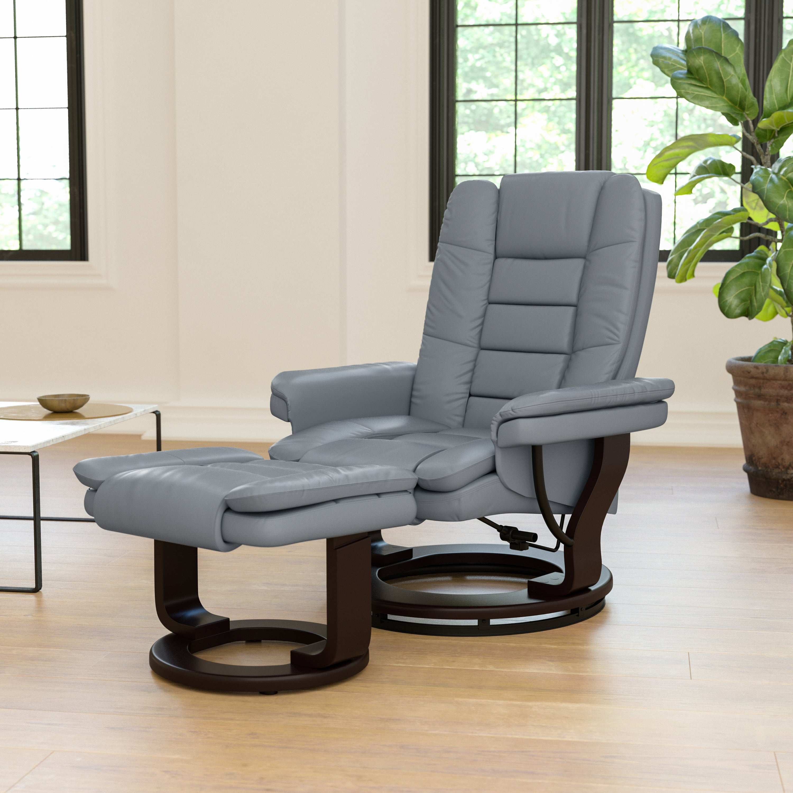 Contemporary LeatherSoft Recliner with Horizontal Stitching and Ottoman with Swiveling Mahogany Wood Base