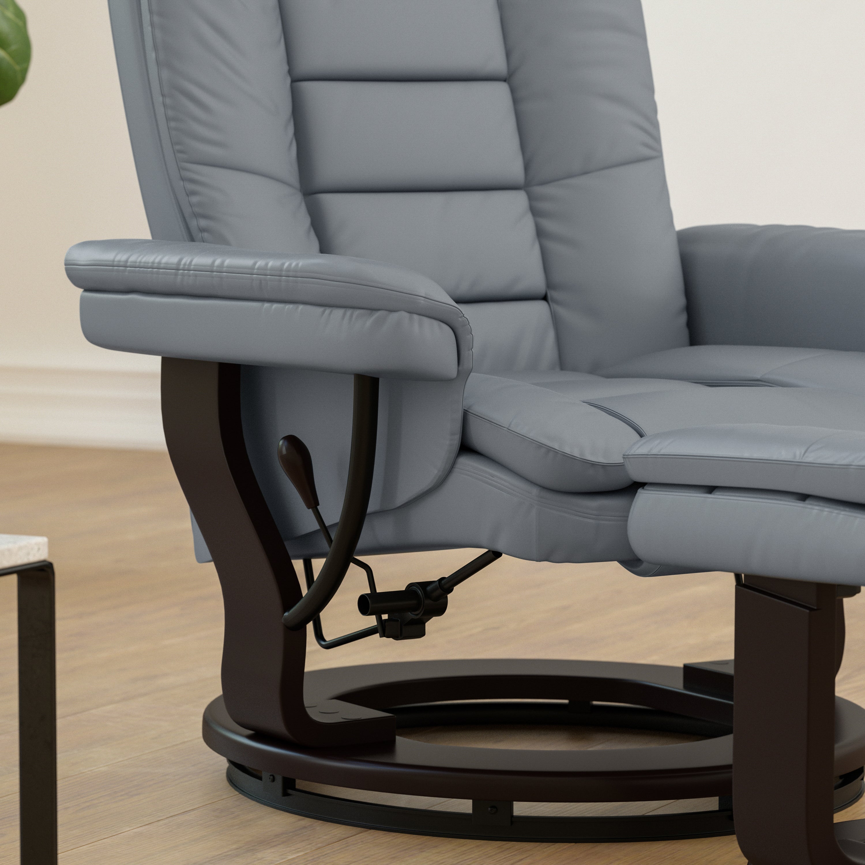 Contemporary LeatherSoft Recliner with Horizontal Stitching and Ottoman with Swiveling Mahogany Wood Base